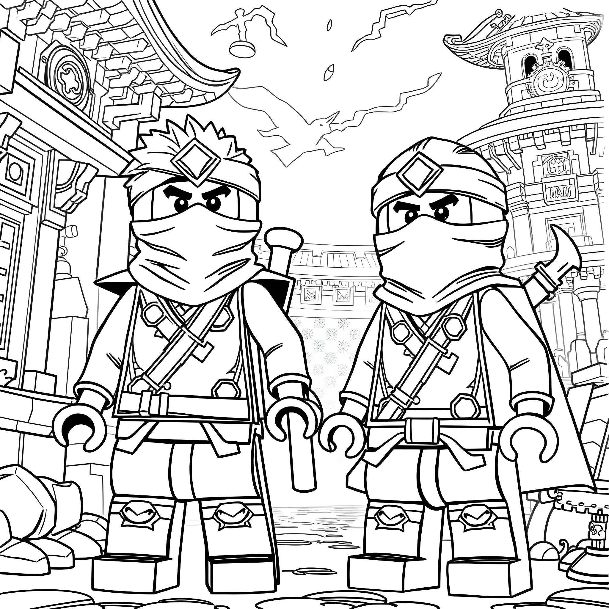 Ninjago heroes in action-packed scene Coloring Page (free black-and-white line drawing printable PDF for all, from beginners to advanced learners, including children, teens, adults, and seniors)