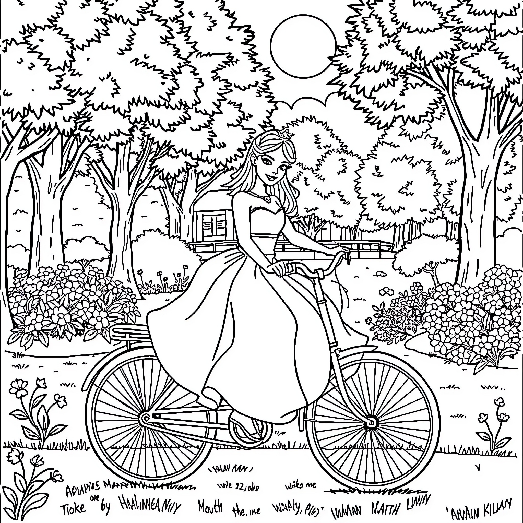Princess Riding a Bicycle through a Enchanting Forest Coloring Page (free black-and-white line drawing printable PDF for all, from beginners to advanced learners, including children, teens, adults, and seniors)