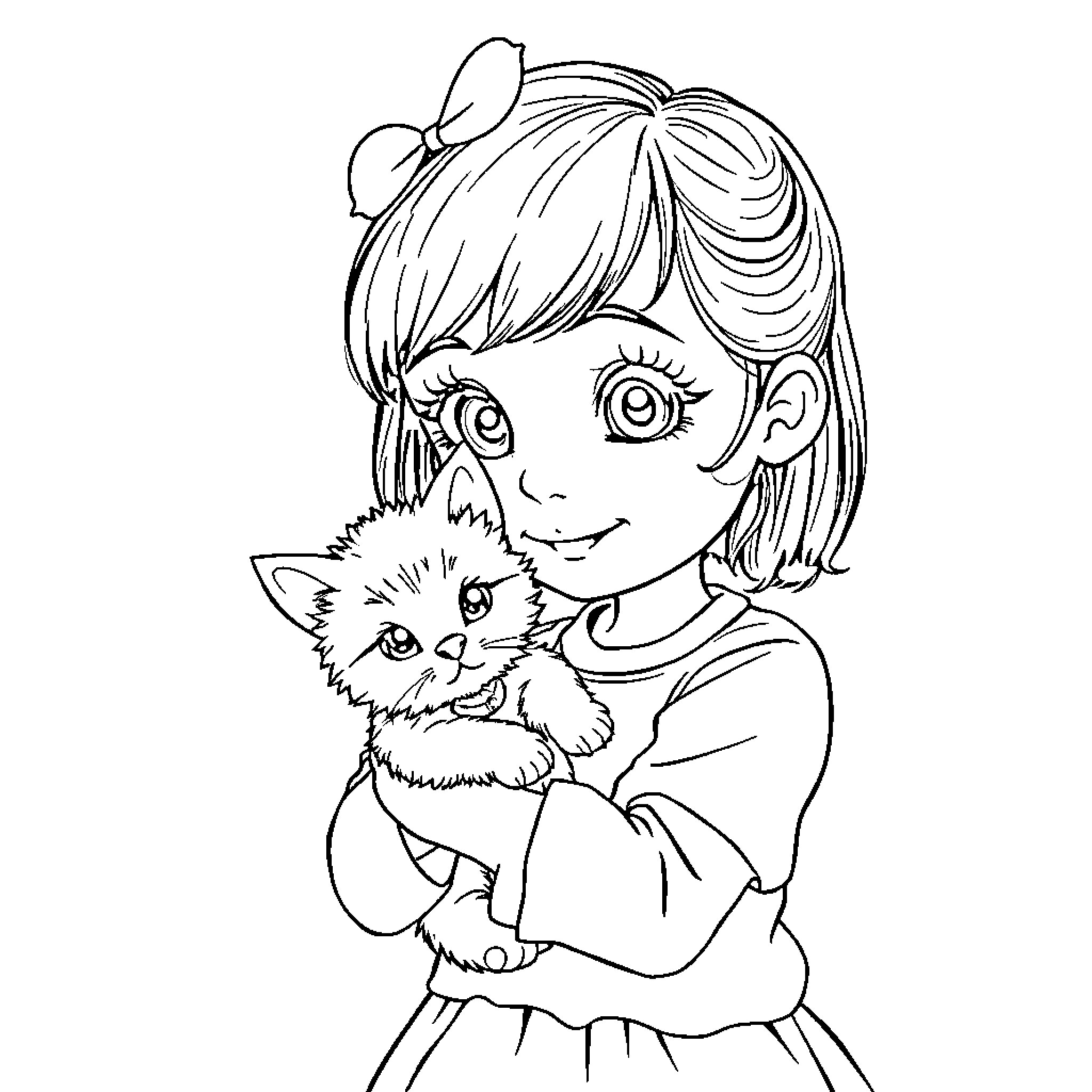 Girl Holding Cute Kitten Lovingly Coloring Page (free black-and-white line drawing printable PDF for all, from beginners to advanced learners, including children, teens, adults, and seniors)