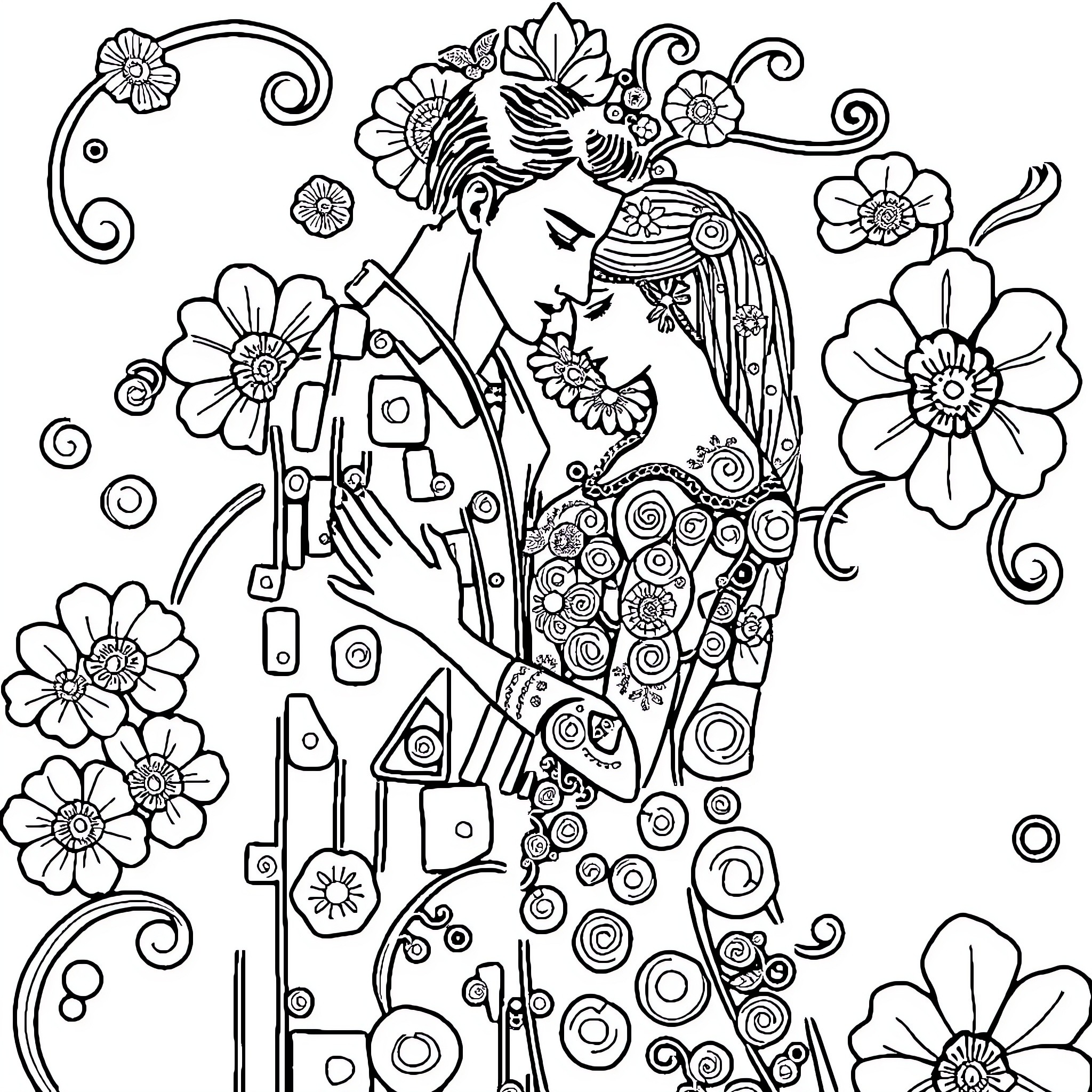 Kiss in the Garden of Flowers Coloring Page (free black-and-white line drawing printable PDF for all, from beginners to advanced learners, including children, teens, adults, and seniors)