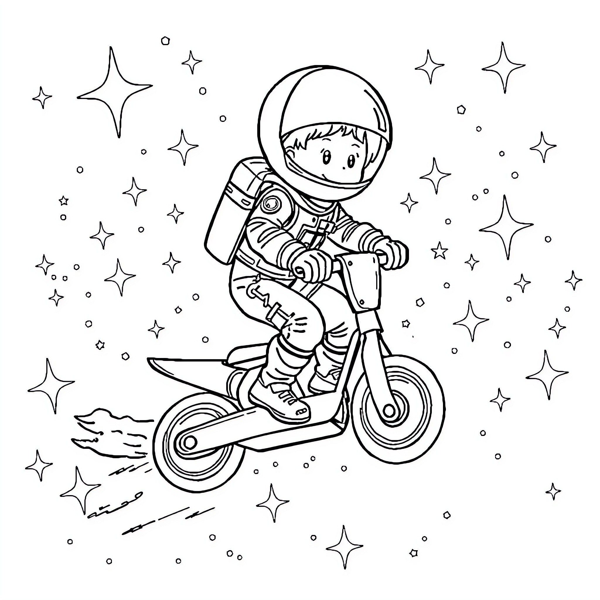 Kid astronaut riding motorcycle in space Coloring Page (free black-and-white line drawing printable PDF for all, from beginners to advanced learners, including children, teens, adults, and seniors)