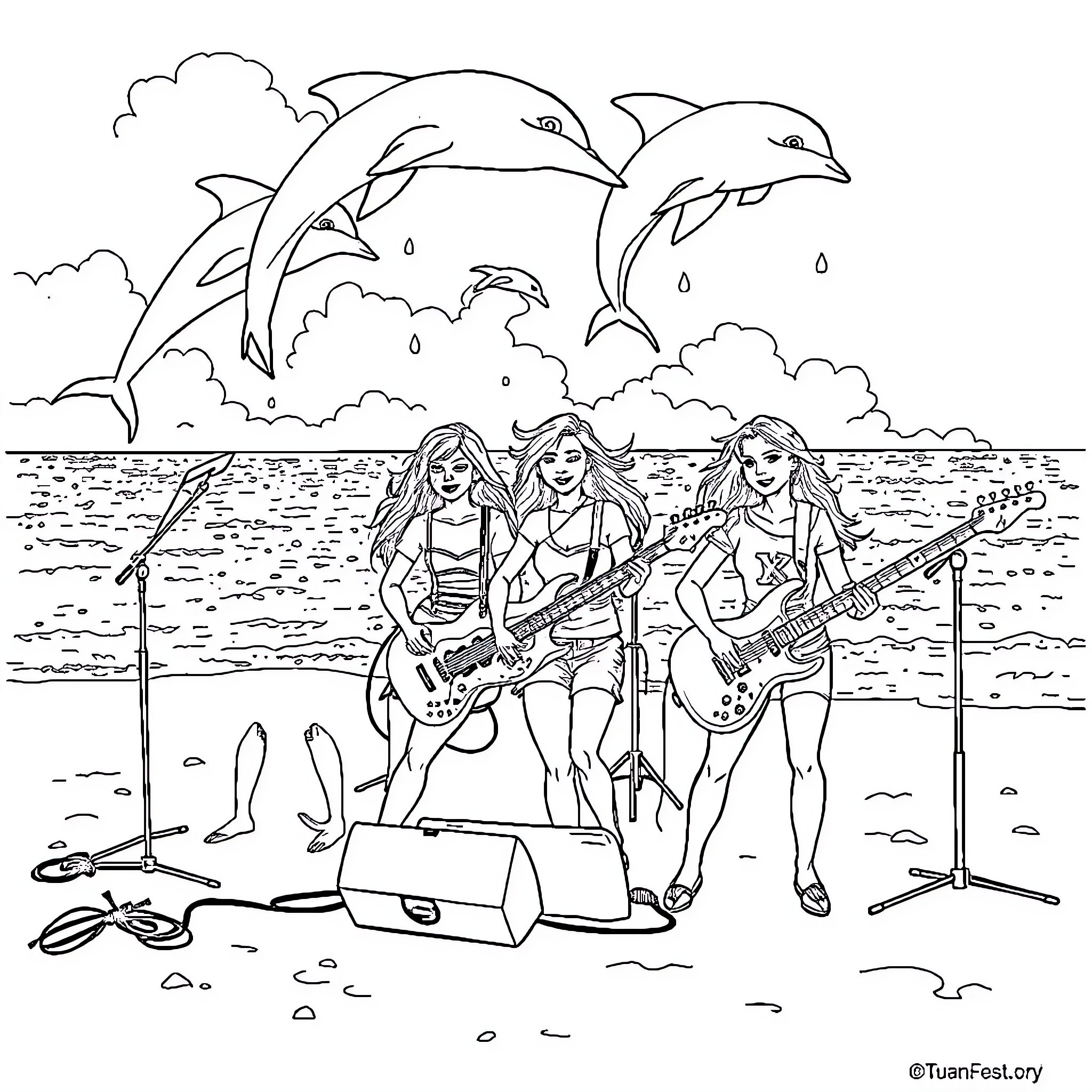 Girl band performing on a beach with dolphins Coloring Page (free black-and-white line drawing printable PDF for all, from beginners to advanced learners, including children, teens, adults, and seniors)