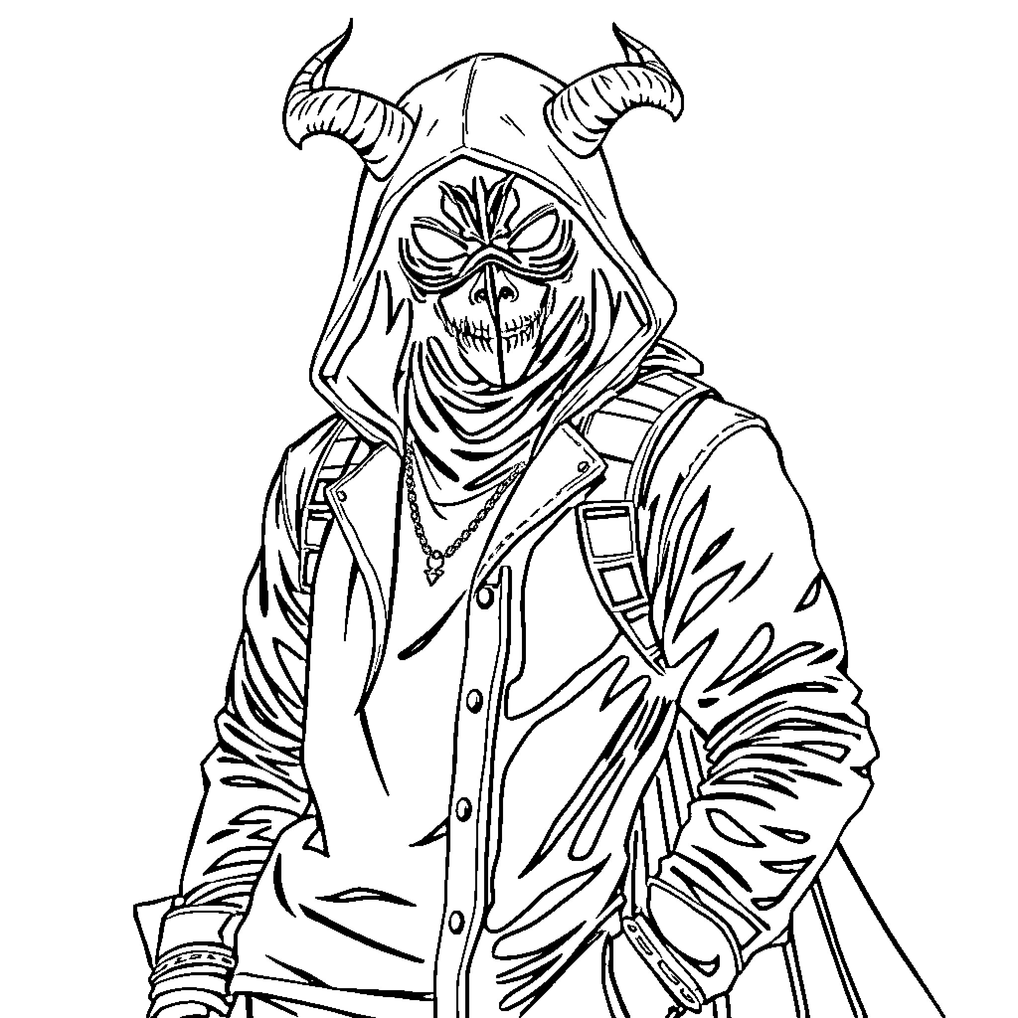 Demon Hunter in Fearsome Attire Coloring Page (free black-and-white line drawing printable PDF for all, from beginners to advanced learners, including children, teens, adults, and seniors)