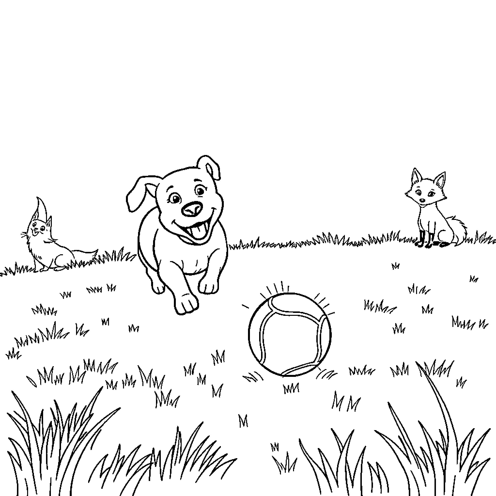 Dog playing joyfully with toy in the park Coloring Page (free black-and-white line drawing printable PDF for all, from beginners to advanced learners, including children, teens, adults, and seniors)
