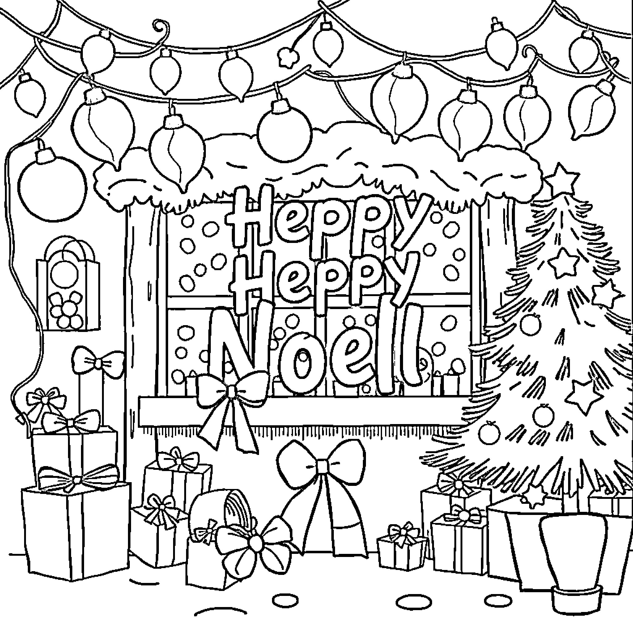 Noel's Festive Christmas Decorations and Gifts Coloring Page (free black-and-white line drawing printable PDF for all, from beginners to advanced learners, including children, teens, adults, and seniors)