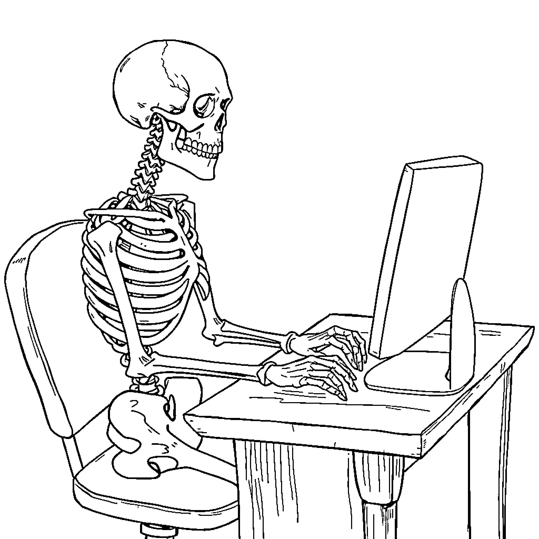 Skeleton Typing Intently at Computer Desk Coloring Page (free black-and-white line drawing printable PDF for all, from beginners to advanced learners, including children, teens, adults, and seniors)