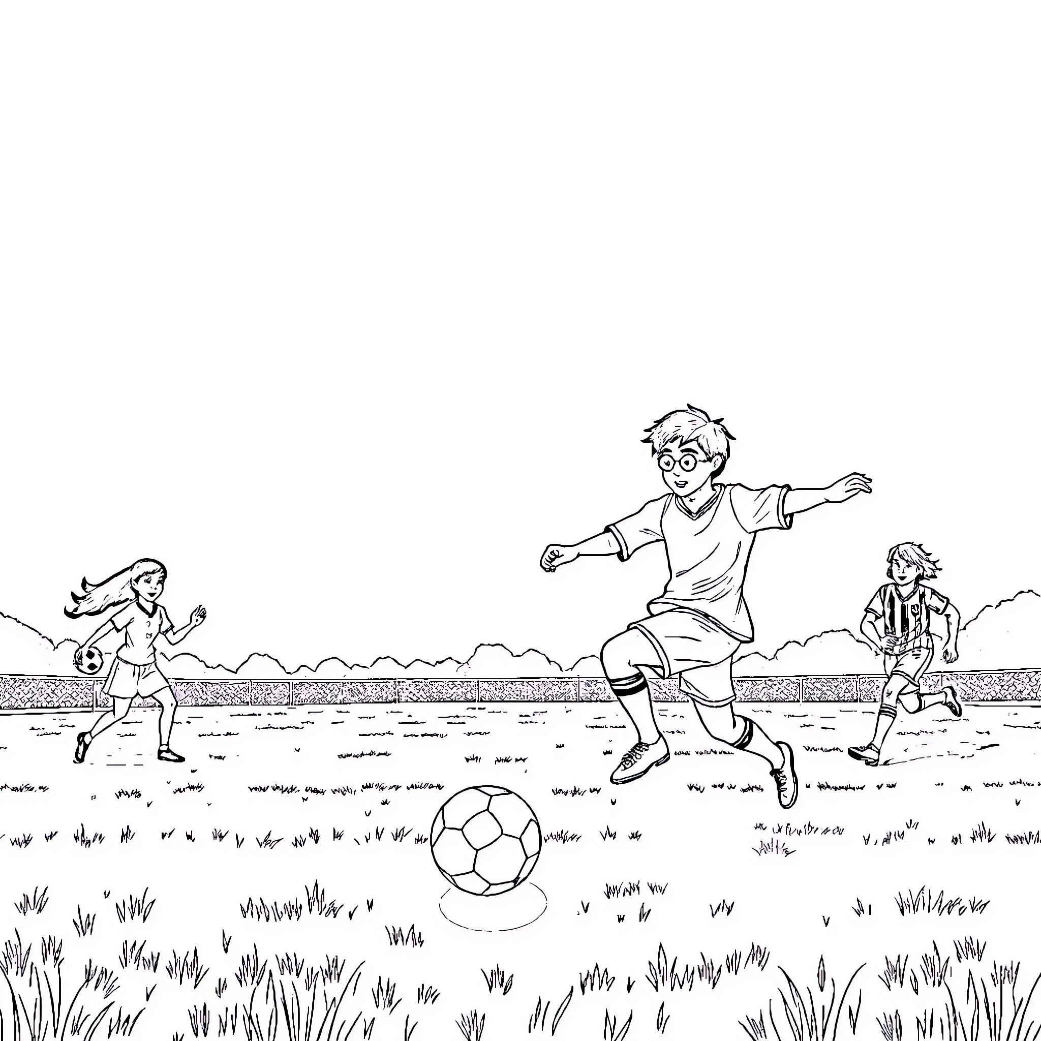 Football players competing on the field Coloring Page (free black-and-white line drawing printable PDF for all, from beginners to advanced learners, including children, teens, adults, and seniors)