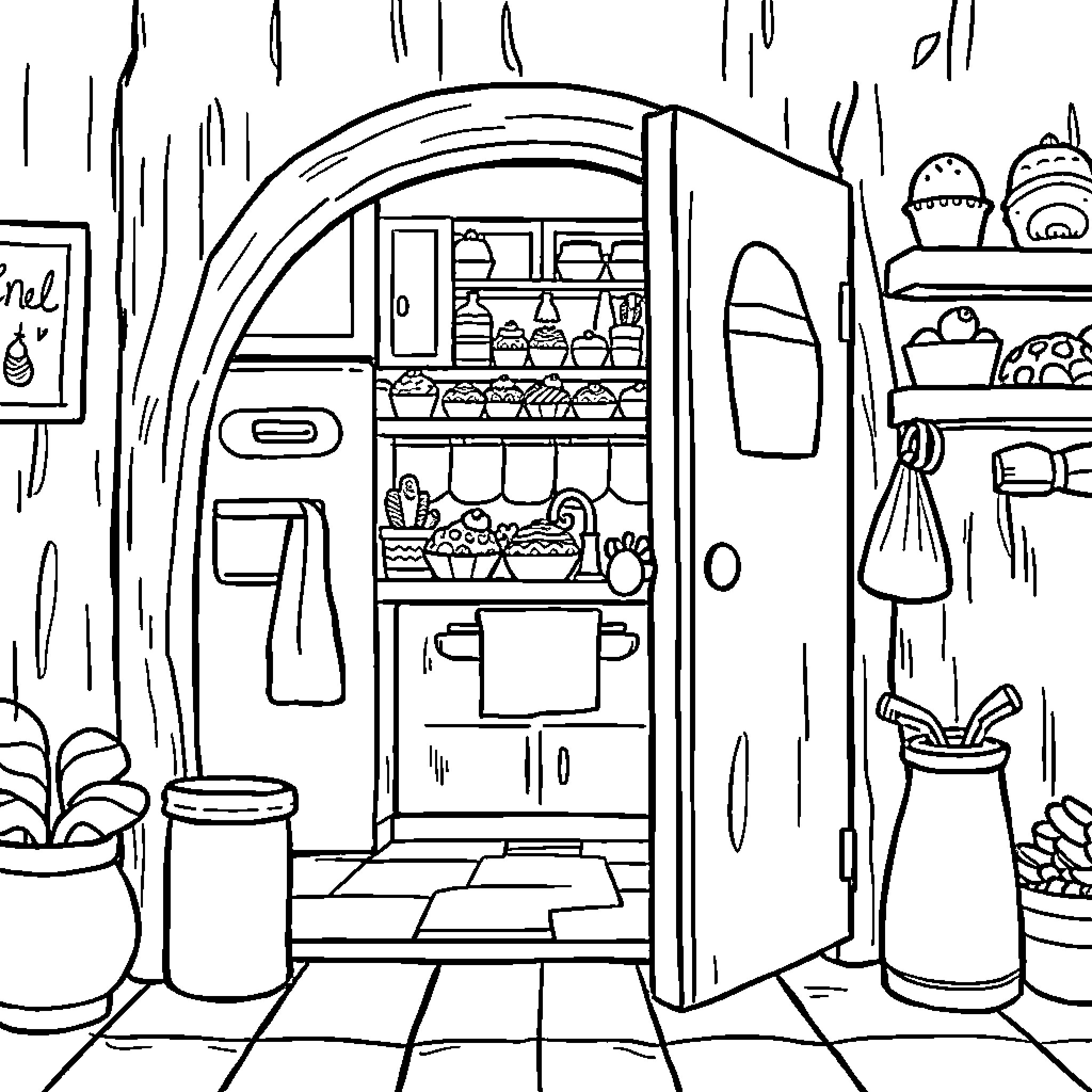 Kitchen with Various Culinary Items Coloring Page (free black-and-white line drawing printable PDF for all, from beginners to advanced learners, including children, teens, adults, and seniors)