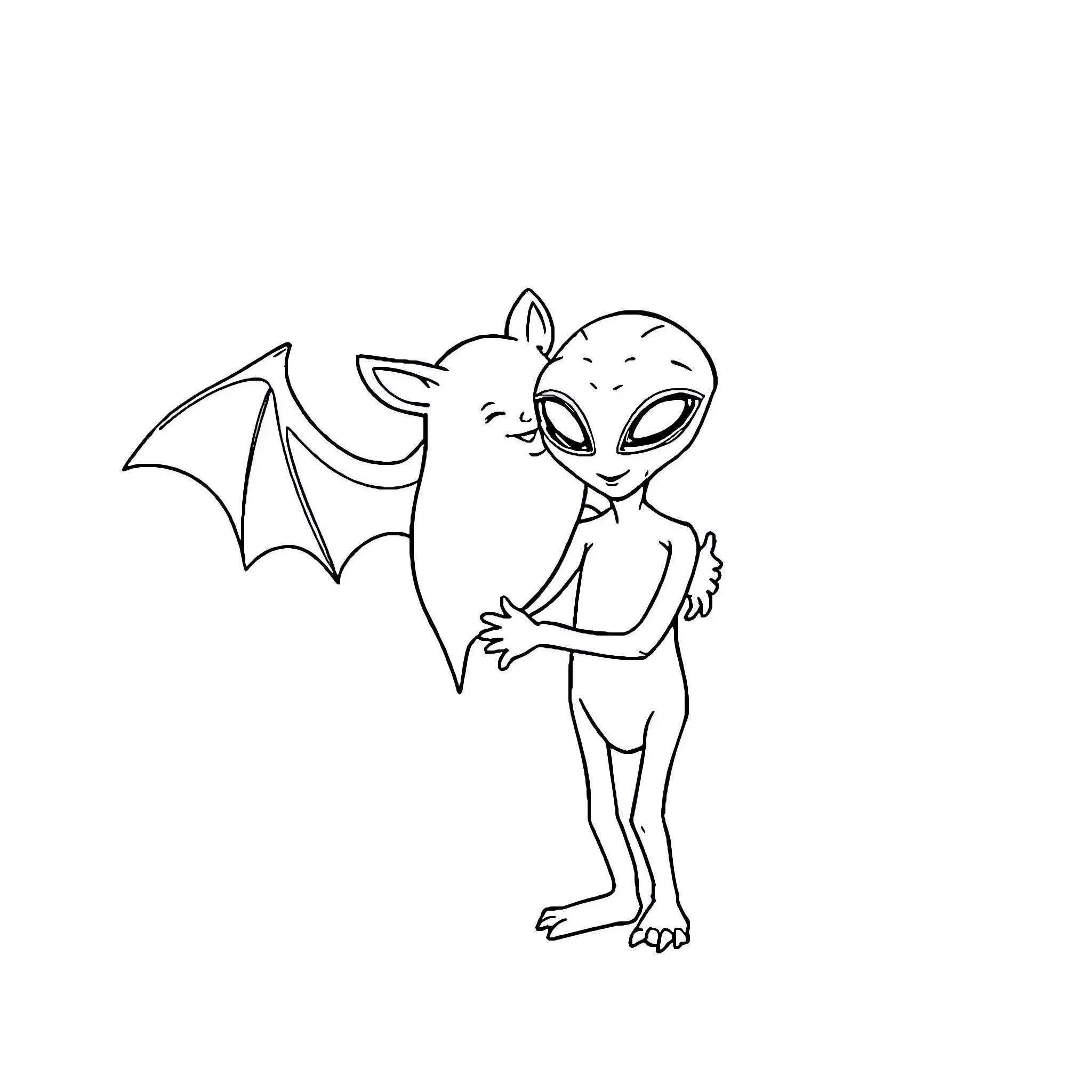 Bat-like alien creature standing confidently Coloring Page (free black-and-white line drawing printable PDF for all, from beginners to advanced learners, including children, teens, adults, and seniors)