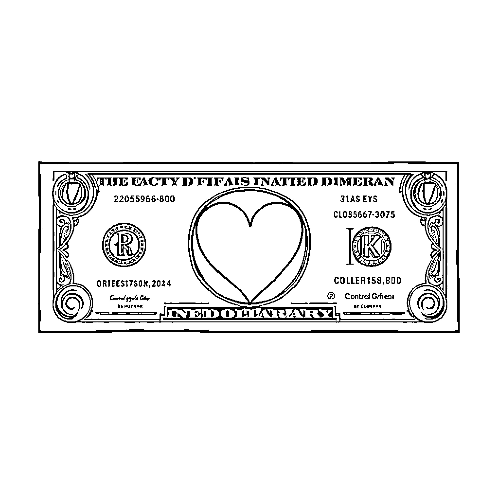 Dollar Bill with Heart Design Coloring Page (free black-and-white line drawing printable PDF for all, from beginners to advanced learners, including children, teens, adults, and seniors)