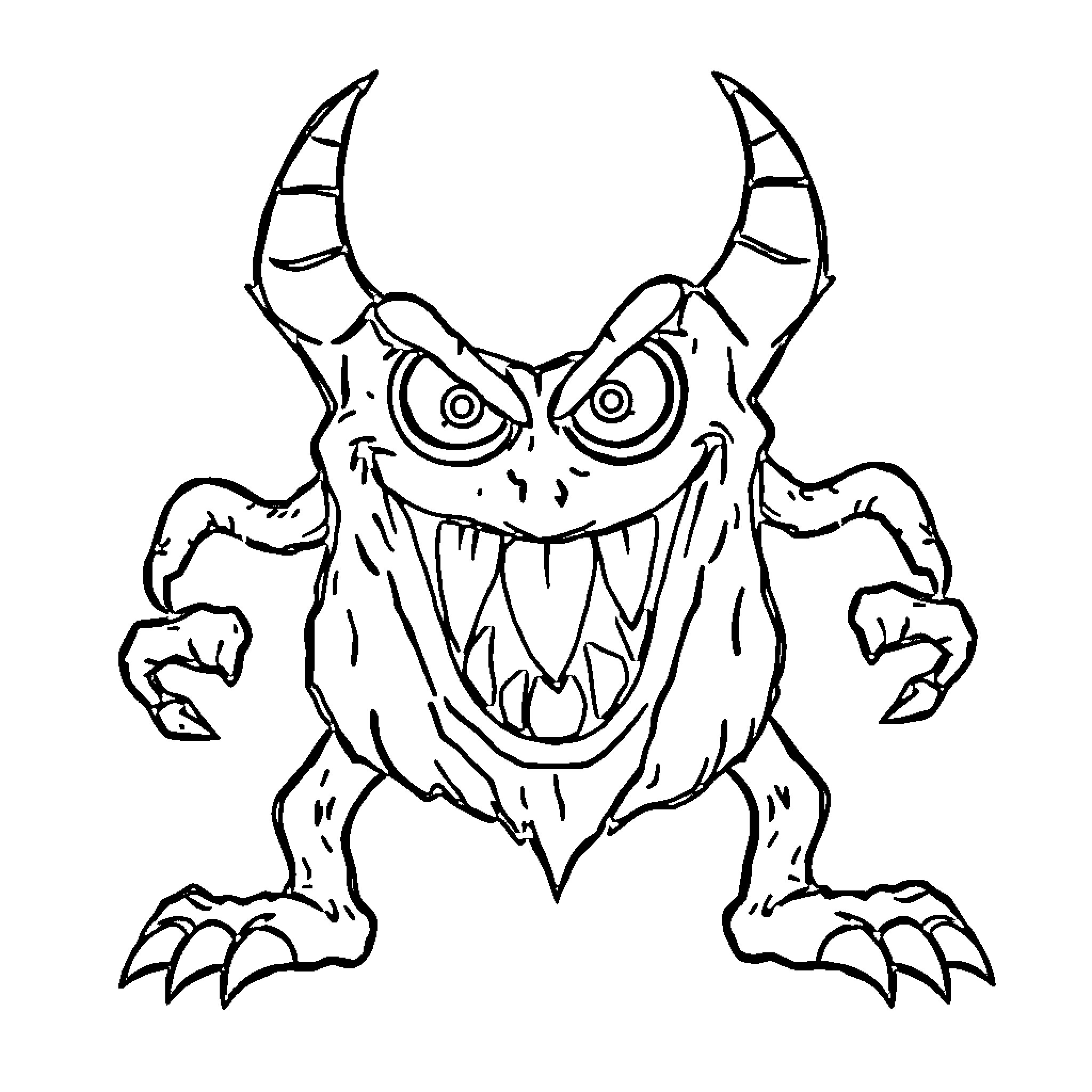 Letter V: Ferocious monster with horns and sharp teeth Coloring Page (free black-and-white line drawing printable PDF for all, from beginners to advanced learners, including children, teens, adults, and seniors)