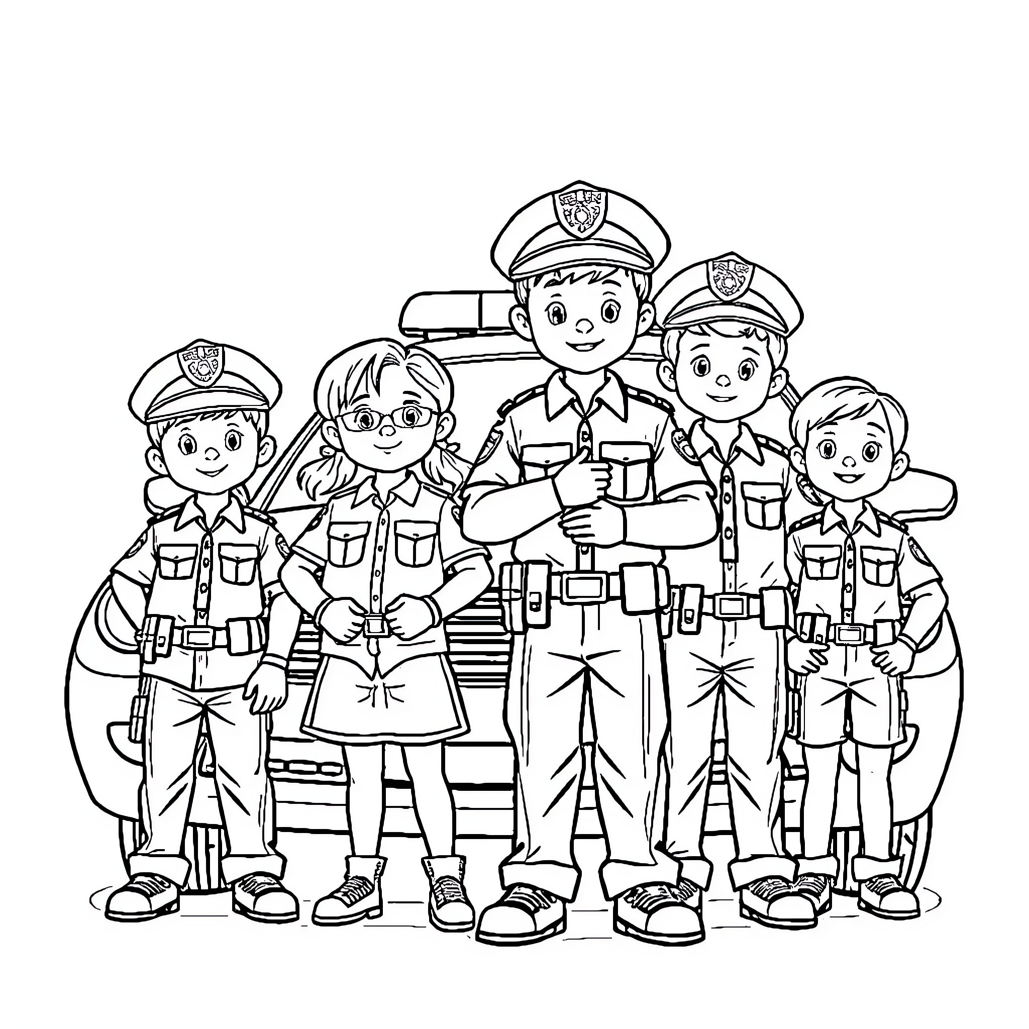 Kid police officers in uniform Coloring Page (free black-and-white line drawing printable PDF for all, from beginners to advanced learners, including children, teens, adults, and seniors)