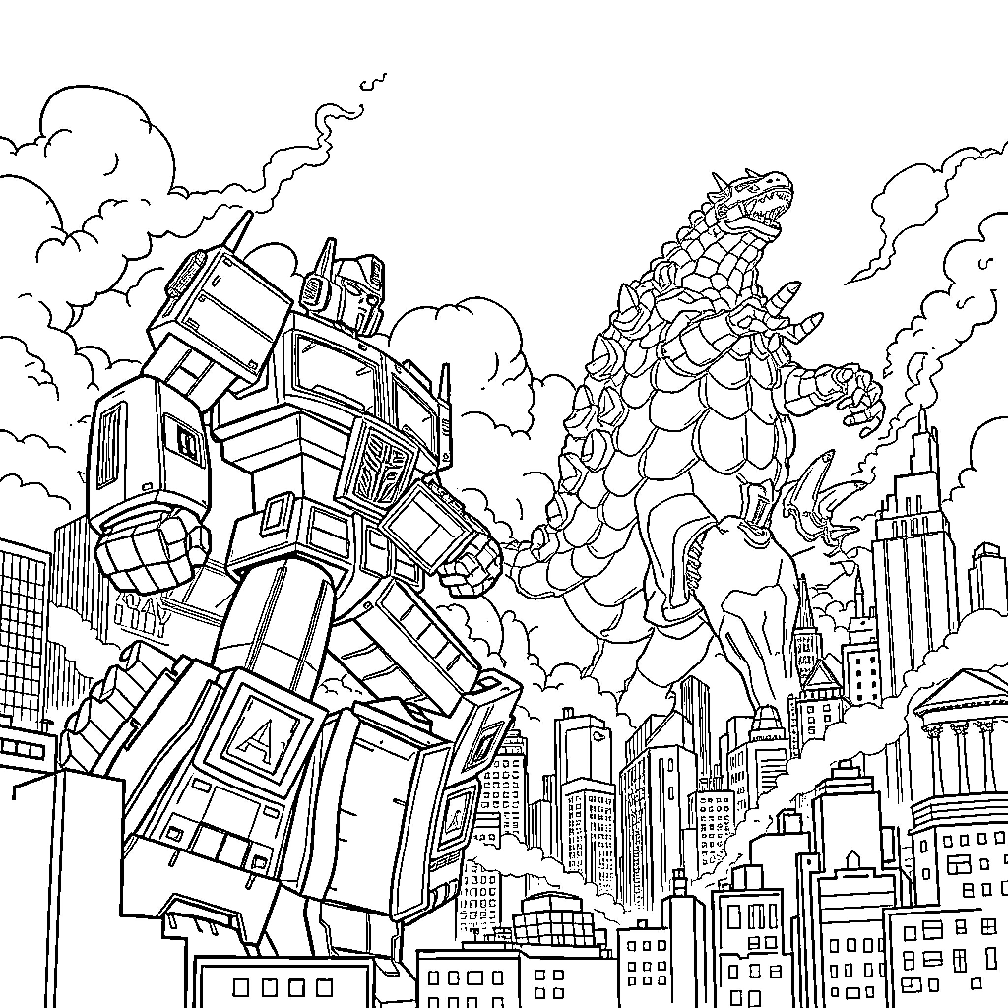 Optimus Prime and Godzilla battle in the city Coloring Page (free black-and-white line drawing printable PDF for all, from beginners to advanced learners, including children, teens, adults, and seniors)