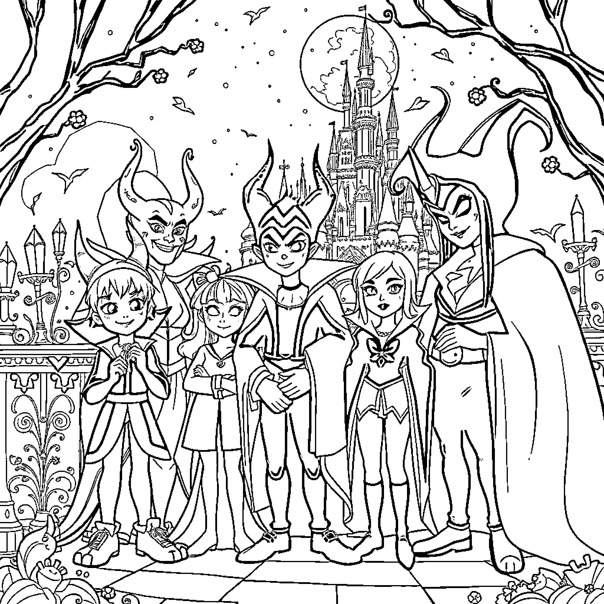 Descendant Villains Gather at the Dark Castle Coloring Page (free black-and-white line drawing printable PDF for all, from beginners to advanced learners, including children, teens, adults, and seniors)
