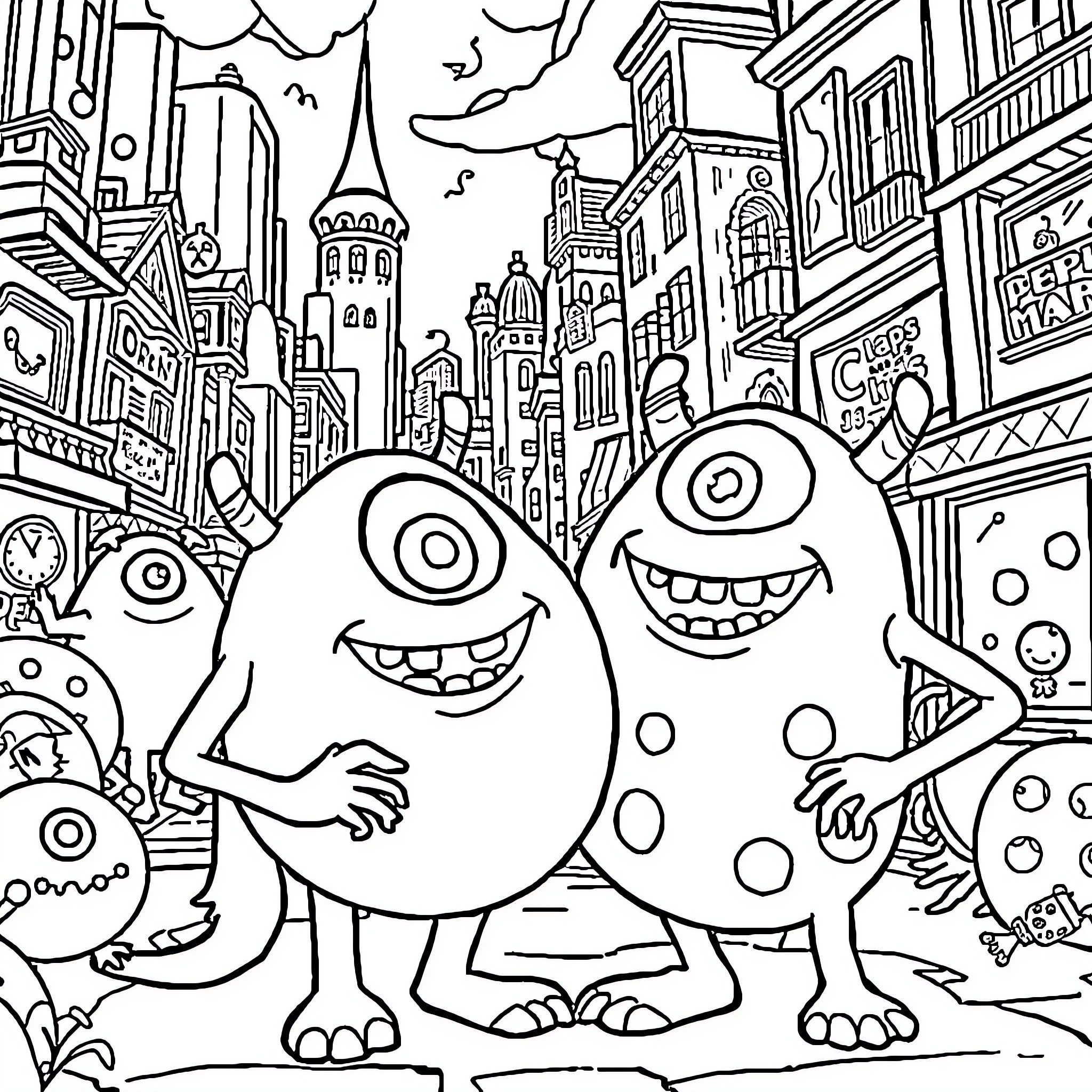 Mike Wazowski's Monstrous Adventures in the City Coloring Page (free black-and-white line drawing printable PDF for all, from beginners to advanced learners, including children, teens, adults, and seniors)