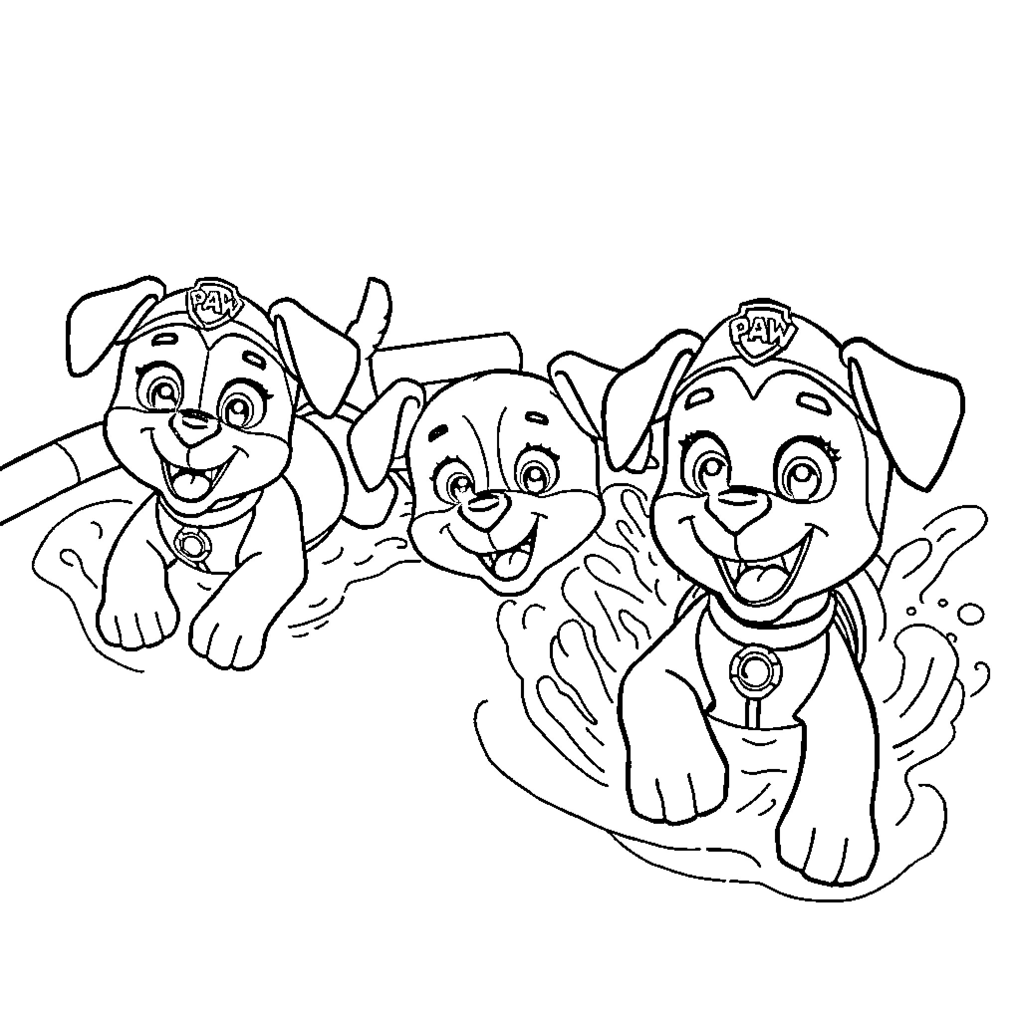 Dog heroes playing together happily Coloring Page (free black-and-white line drawing printable PDF for all, from beginners to advanced learners, including children, teens, adults, and seniors)