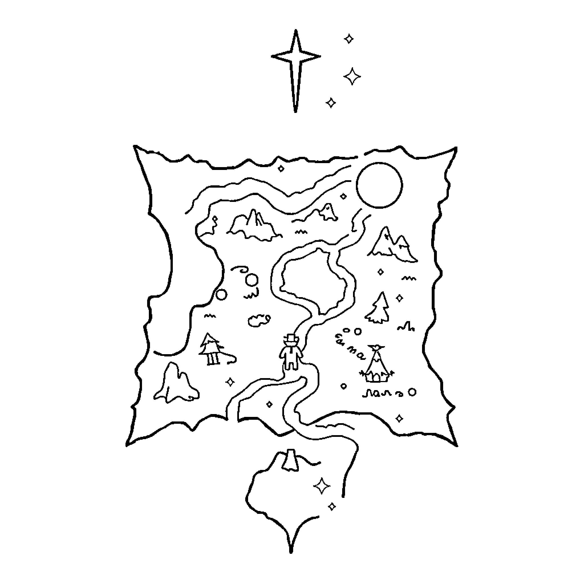 Map of a fantastical landscape with mountains and stars Coloring Page (free black-and-white line drawing printable PDF for all, from beginners to advanced learners, including children, teens, adults, and seniors)