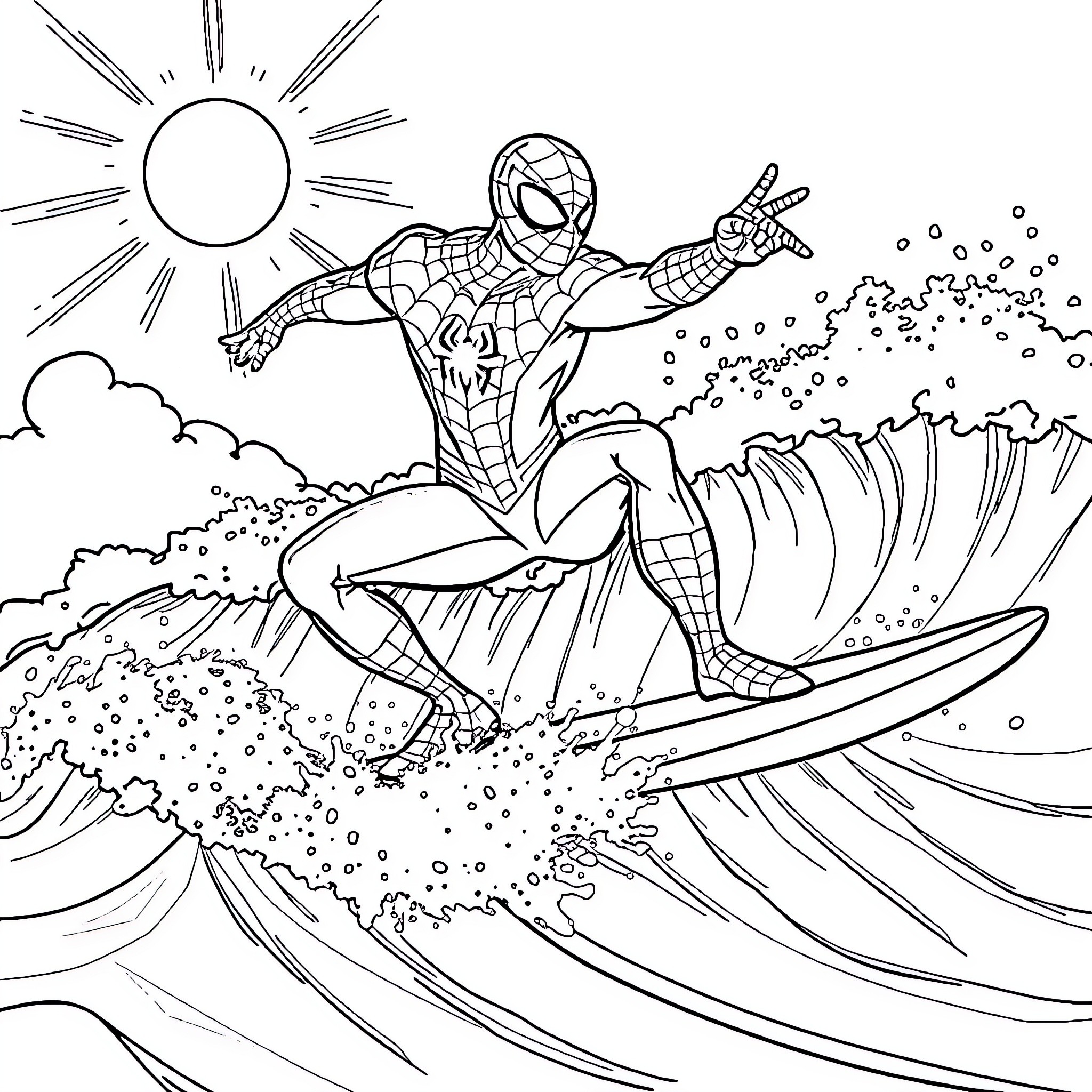 Spiderman surfing over crashing waves Coloring Page (free black-and-white line drawing printable PDF for all, from beginners to advanced learners, including children, teens, adults, and seniors)