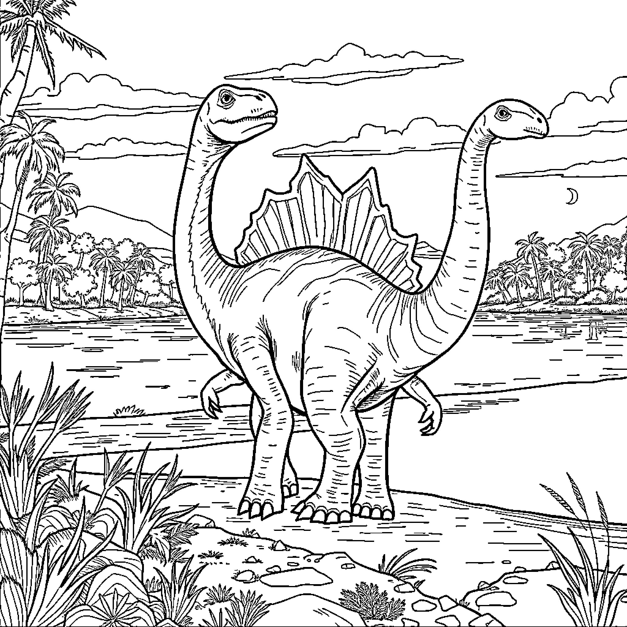Spinosaur dinosaurs roaming in a prehistoric landscape Coloring Page (free black-and-white line drawing printable PDF for all, from beginners to advanced learners, including children, teens, adults, and seniors)