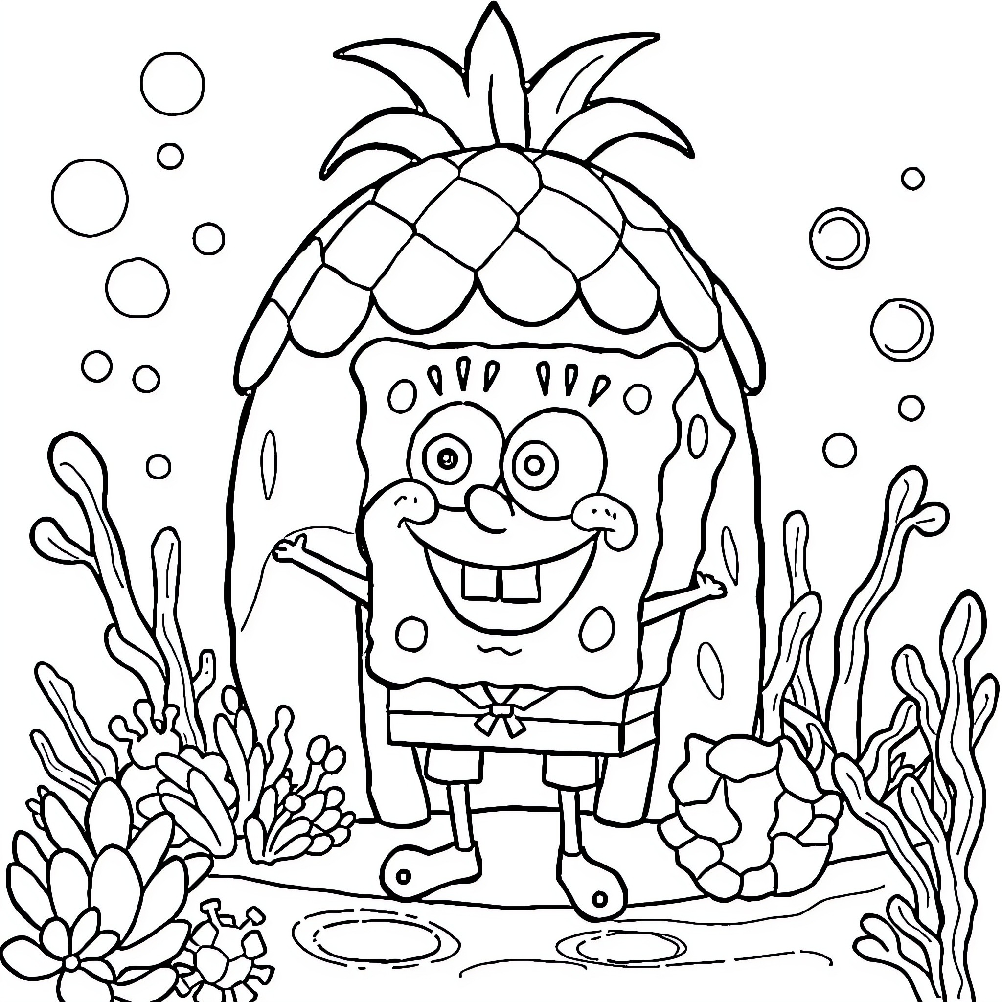 Spongebob having fun underwater with marine life Coloring Page (free black-and-white line drawing printable PDF for all, from beginners to advanced learners, including children, teens, adults, and seniors)