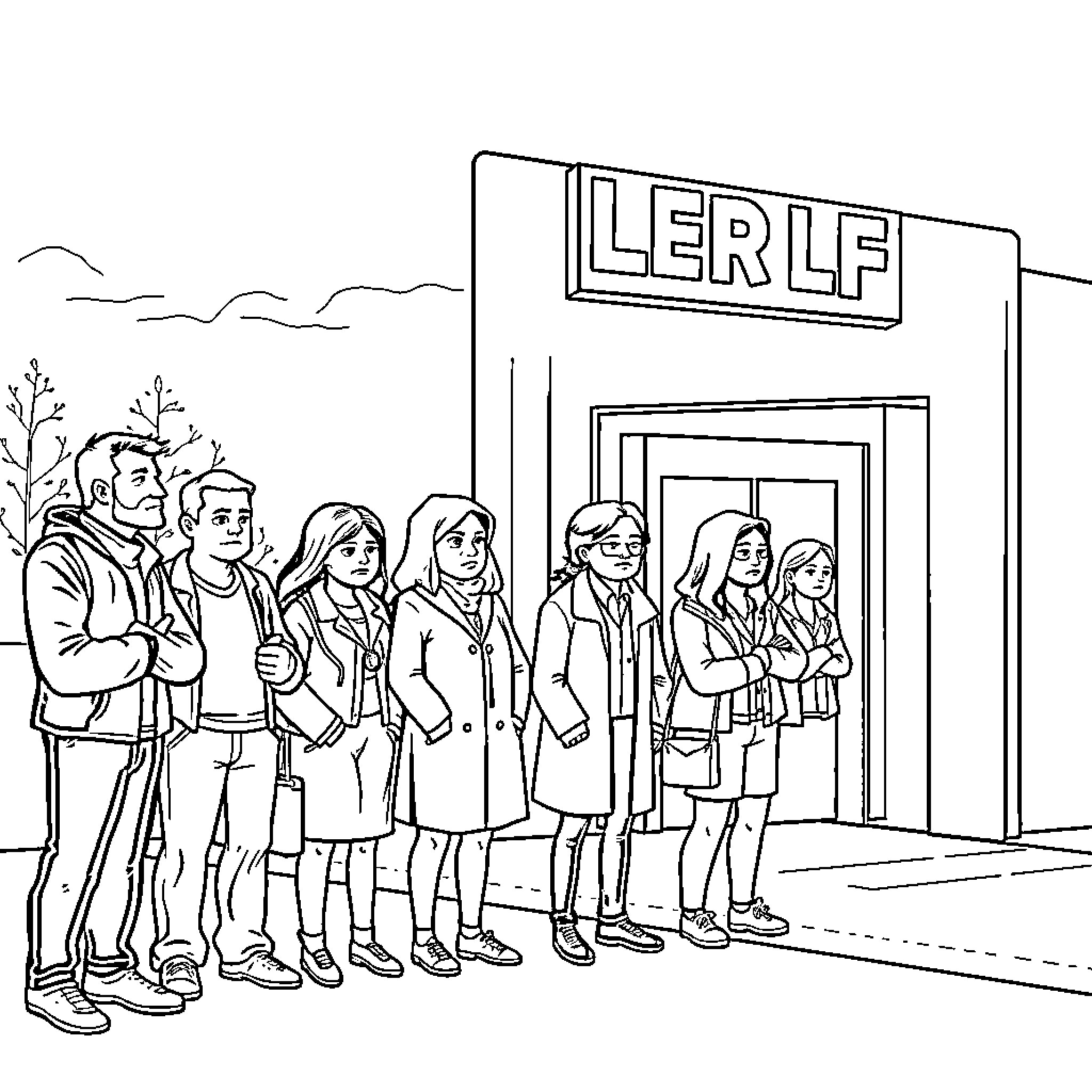Person standing in line outside a building Coloring Page (free black-and-white line drawing printable PDF for all, from beginners to advanced learners, including children, teens, adults, and seniors)