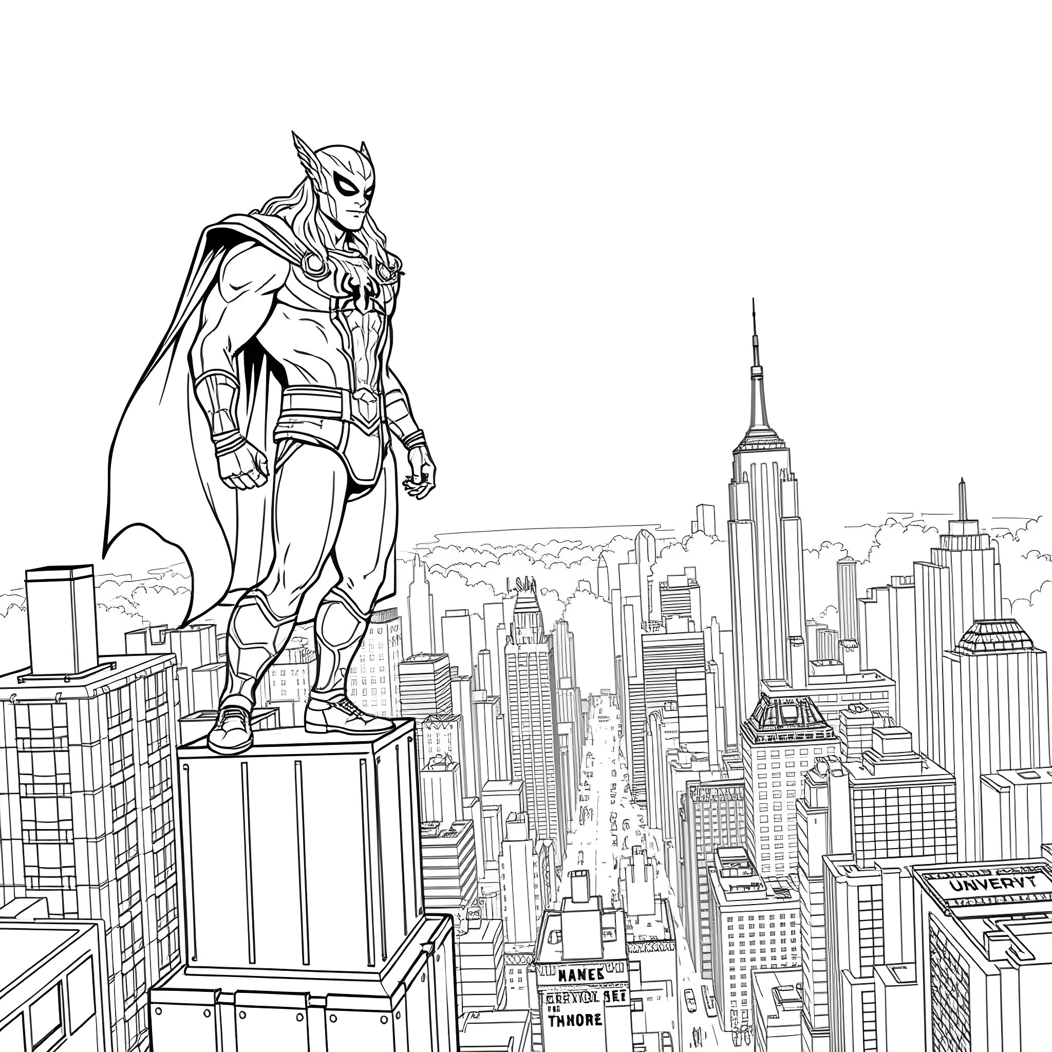 Thor overlooking the bustling city skyline Coloring Page (free black-and-white line drawing printable PDF for all, from beginners to advanced learners, including children, teens, adults, and seniors)