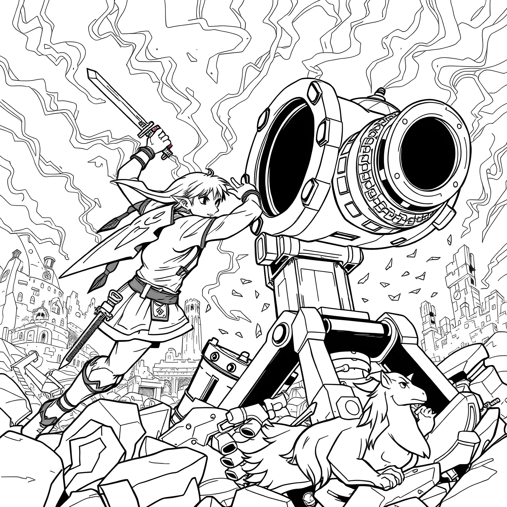 Link Battles Formidable Robotic Foe in Chaotic City Coloring Page (free black-and-white line drawing printable PDF for all, from beginners to advanced learners, including children, teens, adults, and seniors)