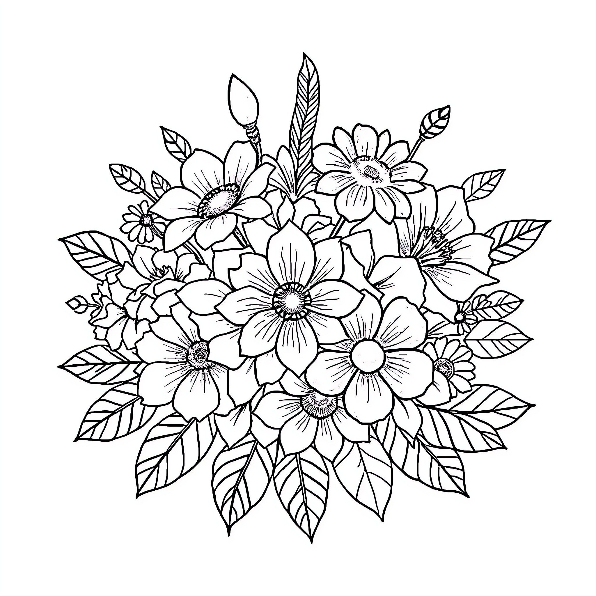 Vase of Blooming Floral Arrangement Coloring Page (free black-and-white line drawing printable PDF for all, from beginners to advanced learners, including children, teens, adults, and seniors)