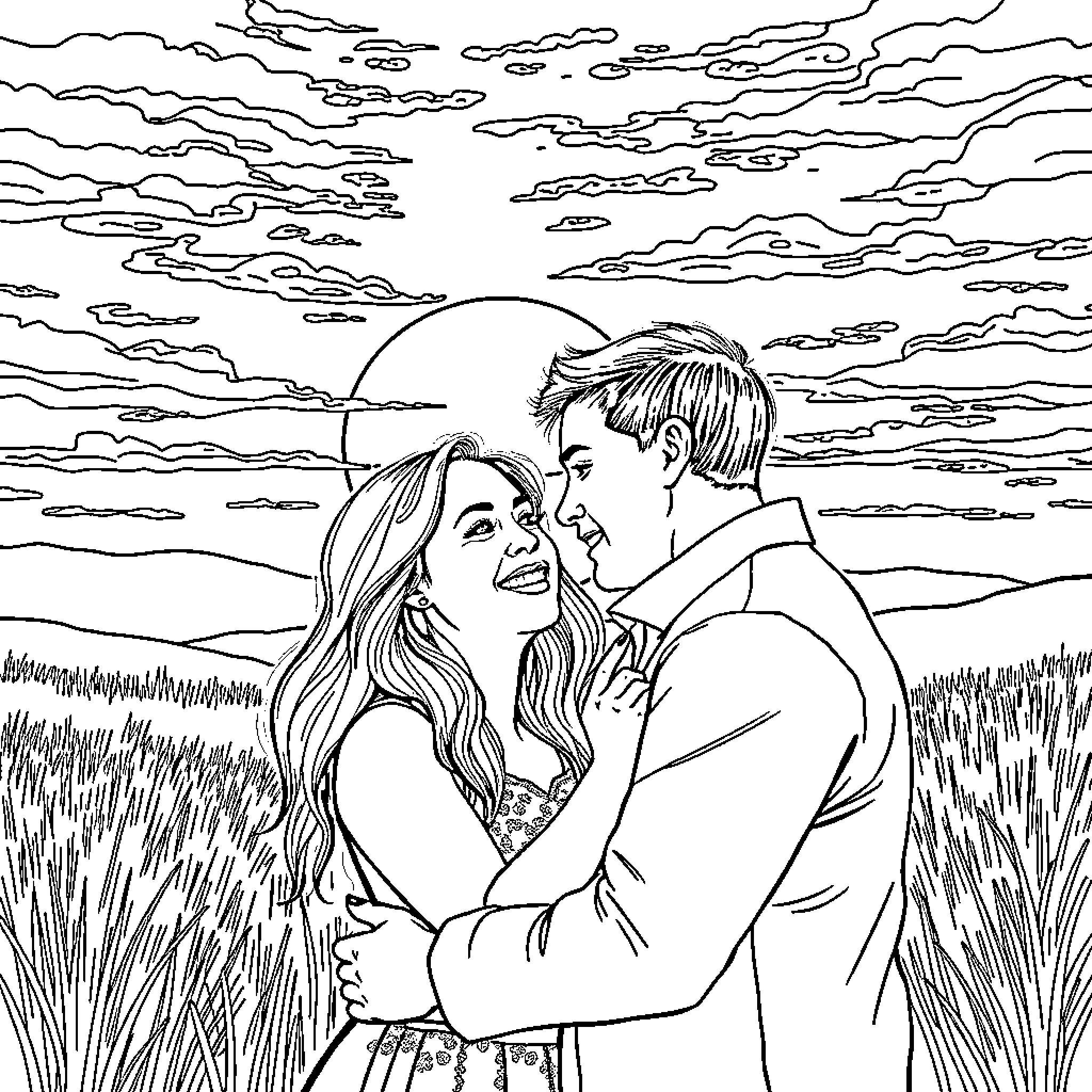 Maddalynn's Romantic Embrace Under the Sunset Skies Coloring Page (free black-and-white line drawing printable PDF for all, from beginners to advanced learners, including children, teens, adults, and seniors)
