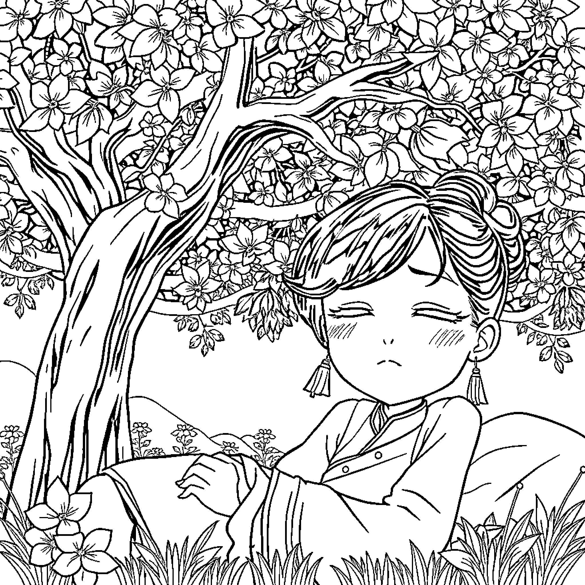 Hu Tao enjoying a moment of solitude in nature Coloring Page (free black-and-white line drawing printable PDF for all, from beginners to advanced learners, including children, teens, adults, and seniors)