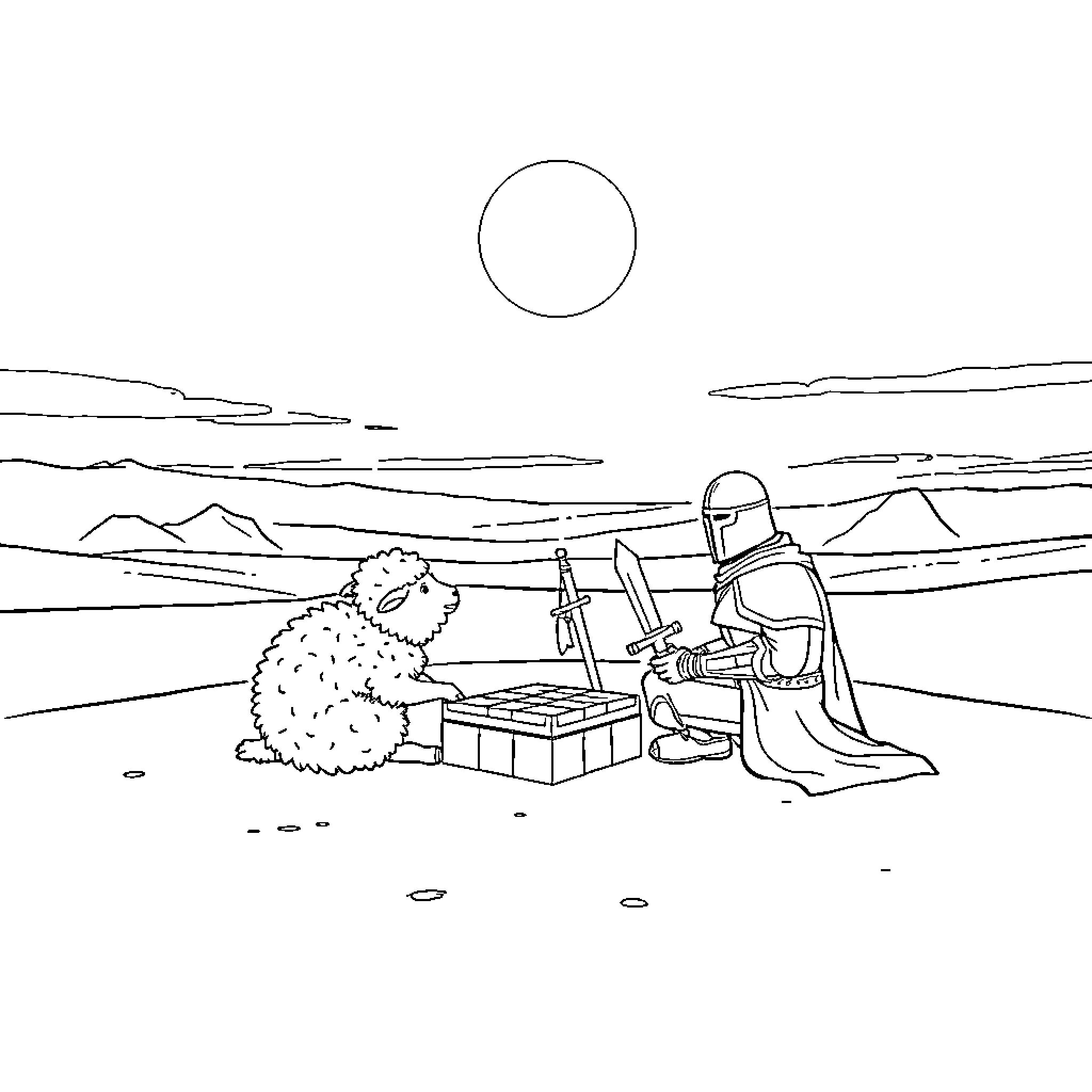 Sheep sharing a meal with a Mandalorian warrior Coloring Page (free black-and-white line drawing printable PDF for all, from beginners to advanced learners, including children, teens, adults, and seniors)