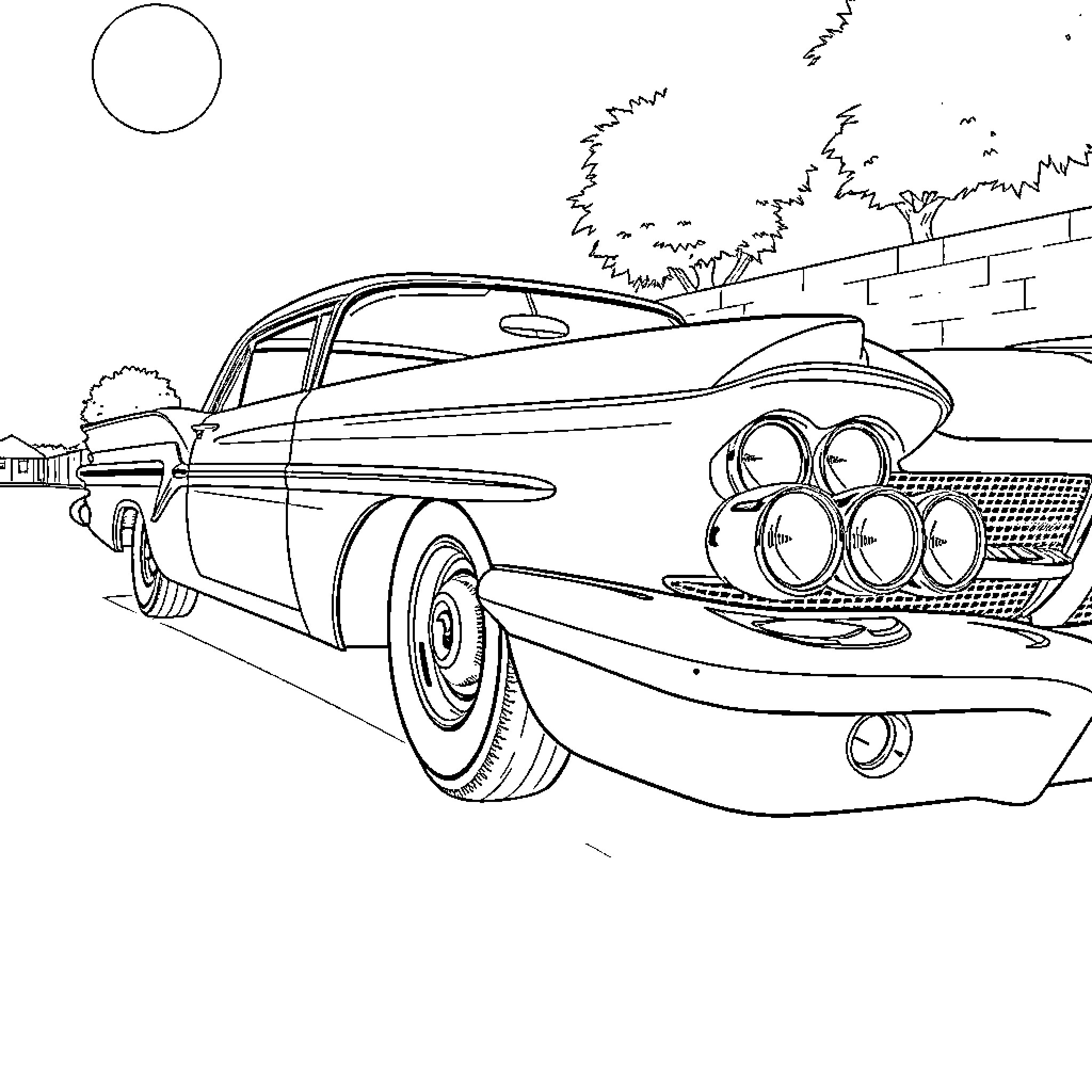 Pontiac vintage car on the road Coloring Page (free black-and-white line drawing printable PDF for all, from beginners to advanced learners, including children, teens, adults, and seniors)
