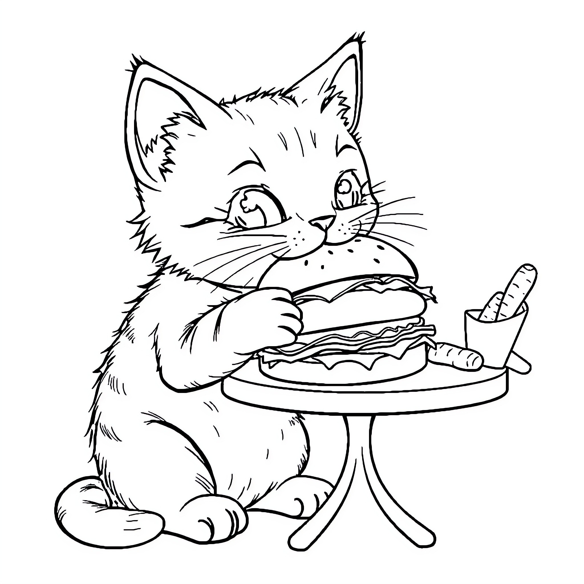 Cat enjoying a tasty hamburger Coloring Page (free black-and-white line drawing printable PDF for all, from beginners to advanced learners, including children, teens, adults, and seniors)