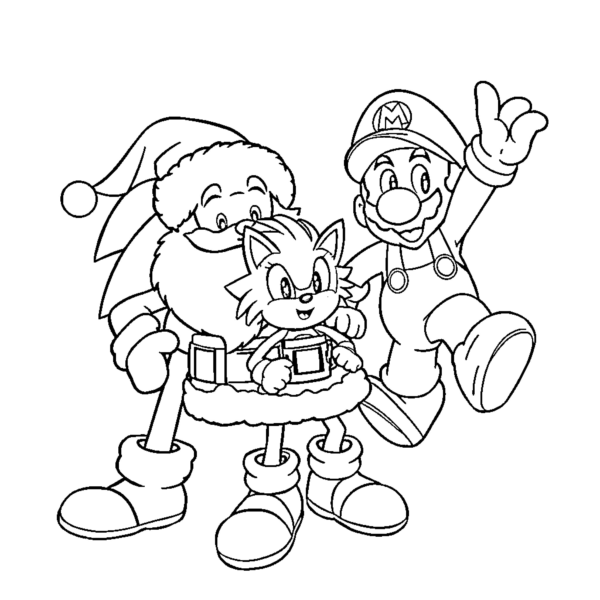 Santa and Mario in Holiday Cheer Coloring Page (free black-and-white line drawing printable PDF for all, from beginners to advanced learners, including children, teens, adults, and seniors)