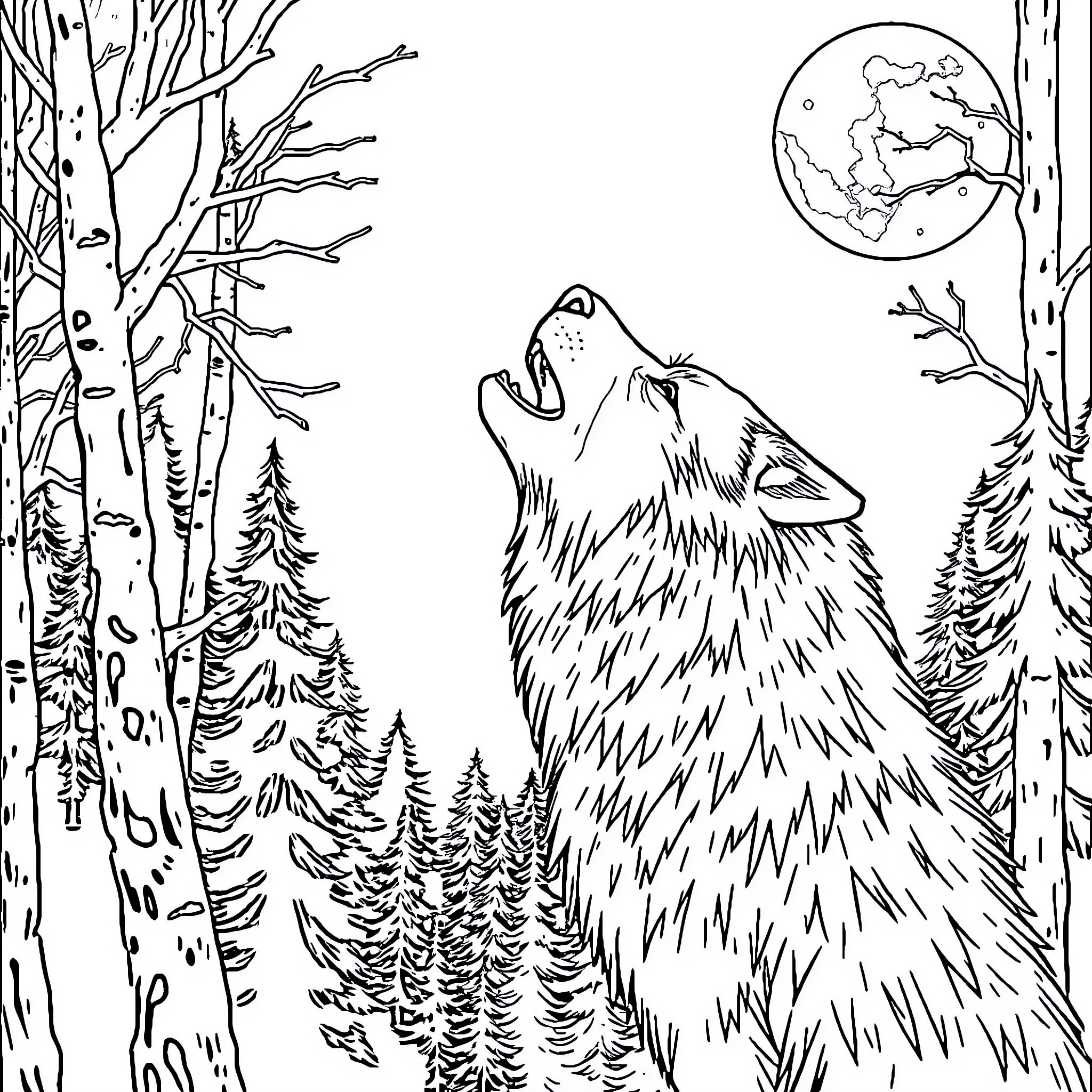 Werewolf howling in a moonlit forest Coloring Page (free black-and-white line drawing printable PDF for all, from beginners to advanced learners, including children, teens, adults, and seniors)