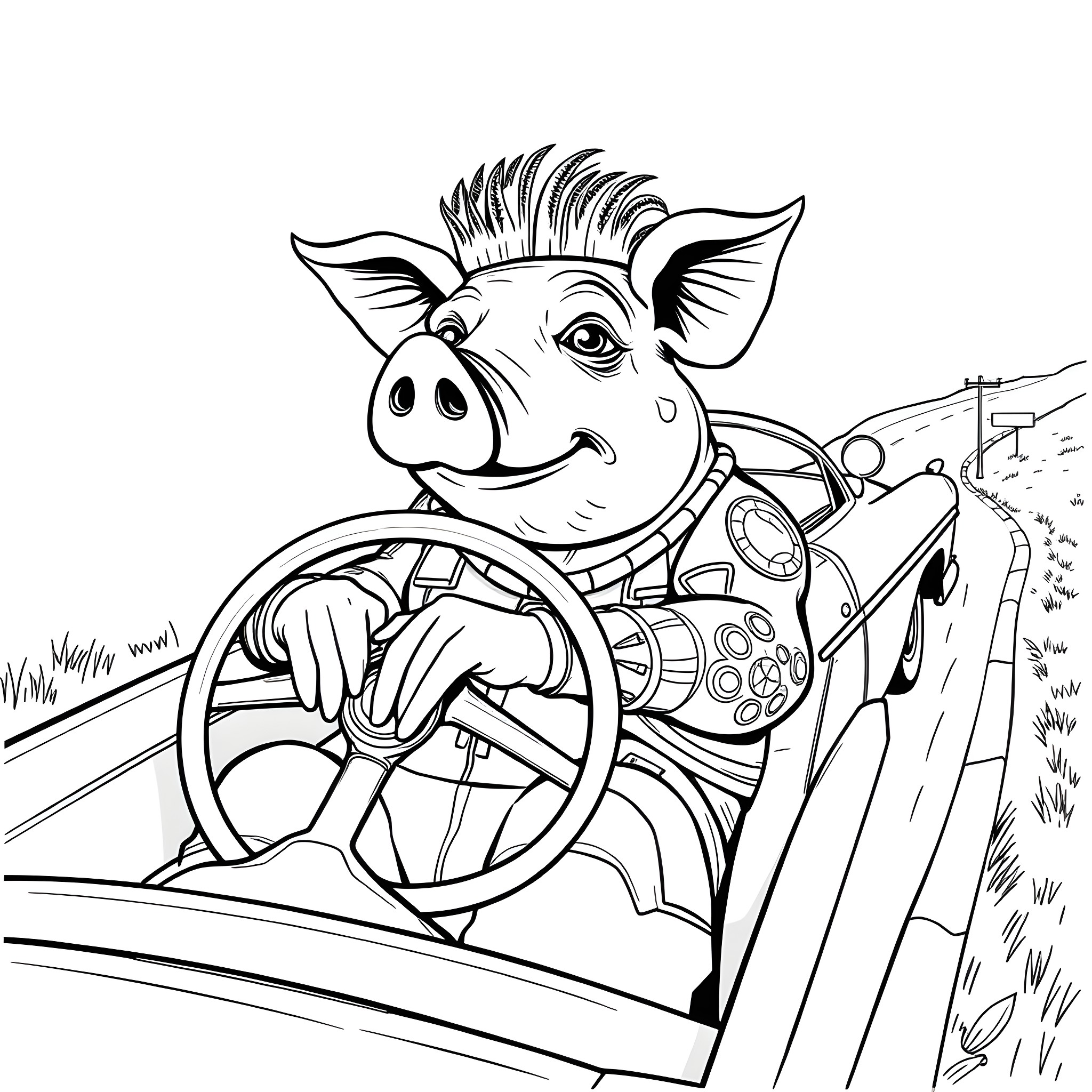 Frankenstein Pig driving a futuristic vehicle Coloring Page (free black-and-white line drawing printable PDF for all, from beginners to advanced learners, including children, teens, adults, and seniors)