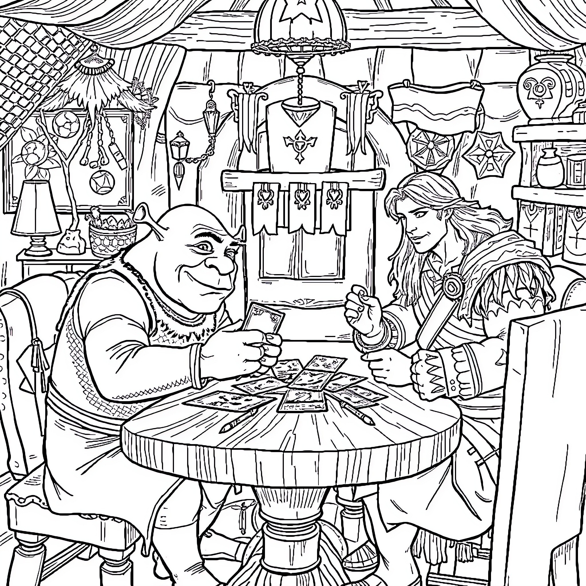 Shrek and Friends Enjoying a Lively Tavern Scene Coloring Page (free black-and-white line drawing printable PDF for all, from beginners to advanced learners, including children, teens, adults, and seniors)