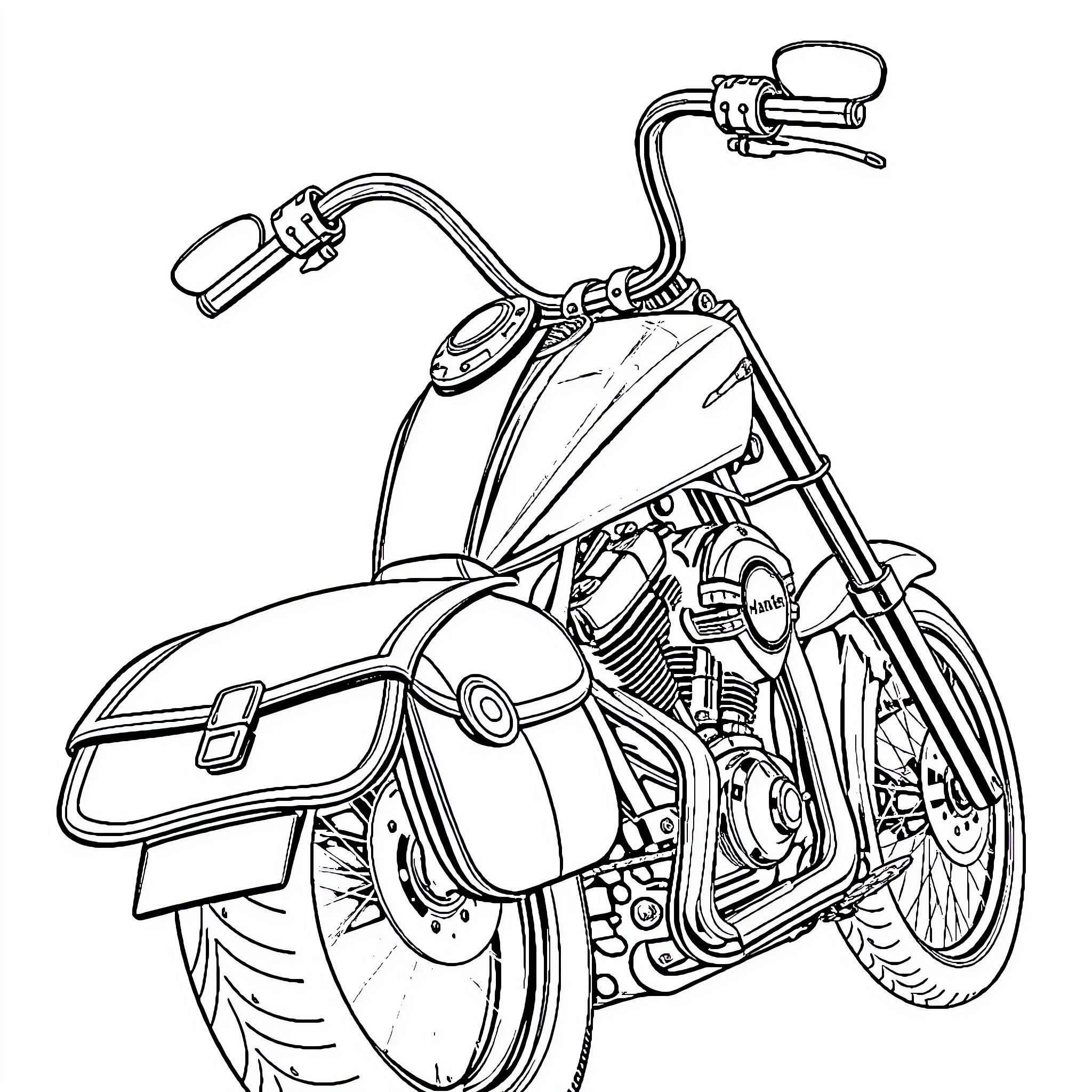 Harley motorcycle with sleek design and features Coloring Page (free black-and-white line drawing printable PDF for all, from beginners to advanced learners, including children, teens, adults, and seniors)
