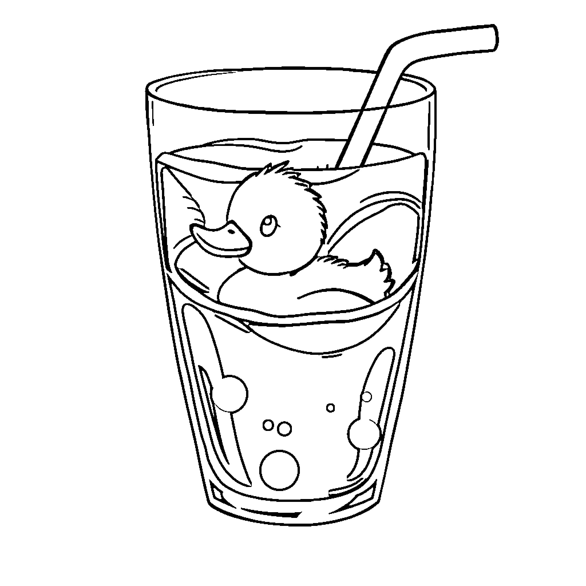Duck swimming in a bubbly drink Coloring Page (free black-and-white line drawing printable PDF for all, from beginners to advanced learners, including children, teens, adults, and seniors)