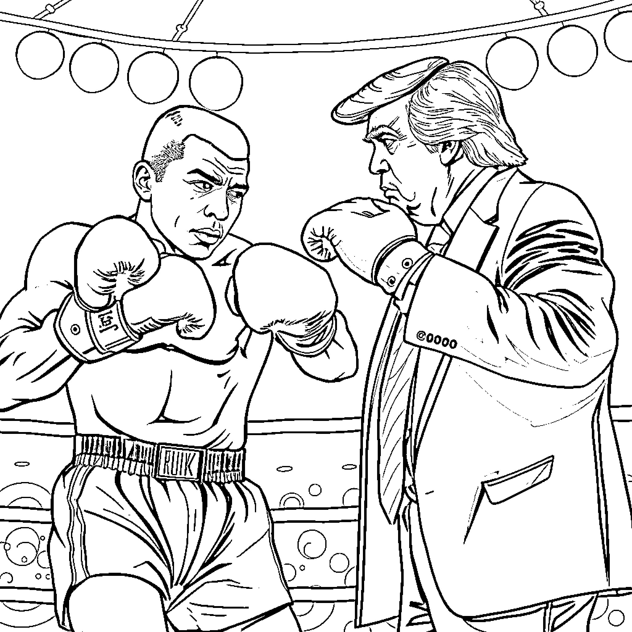 Muhammed Ali Boxing Match with Referee Coloring Page (free black-and-white line drawing printable PDF for all, from beginners to advanced learners, including children, teens, adults, and seniors)