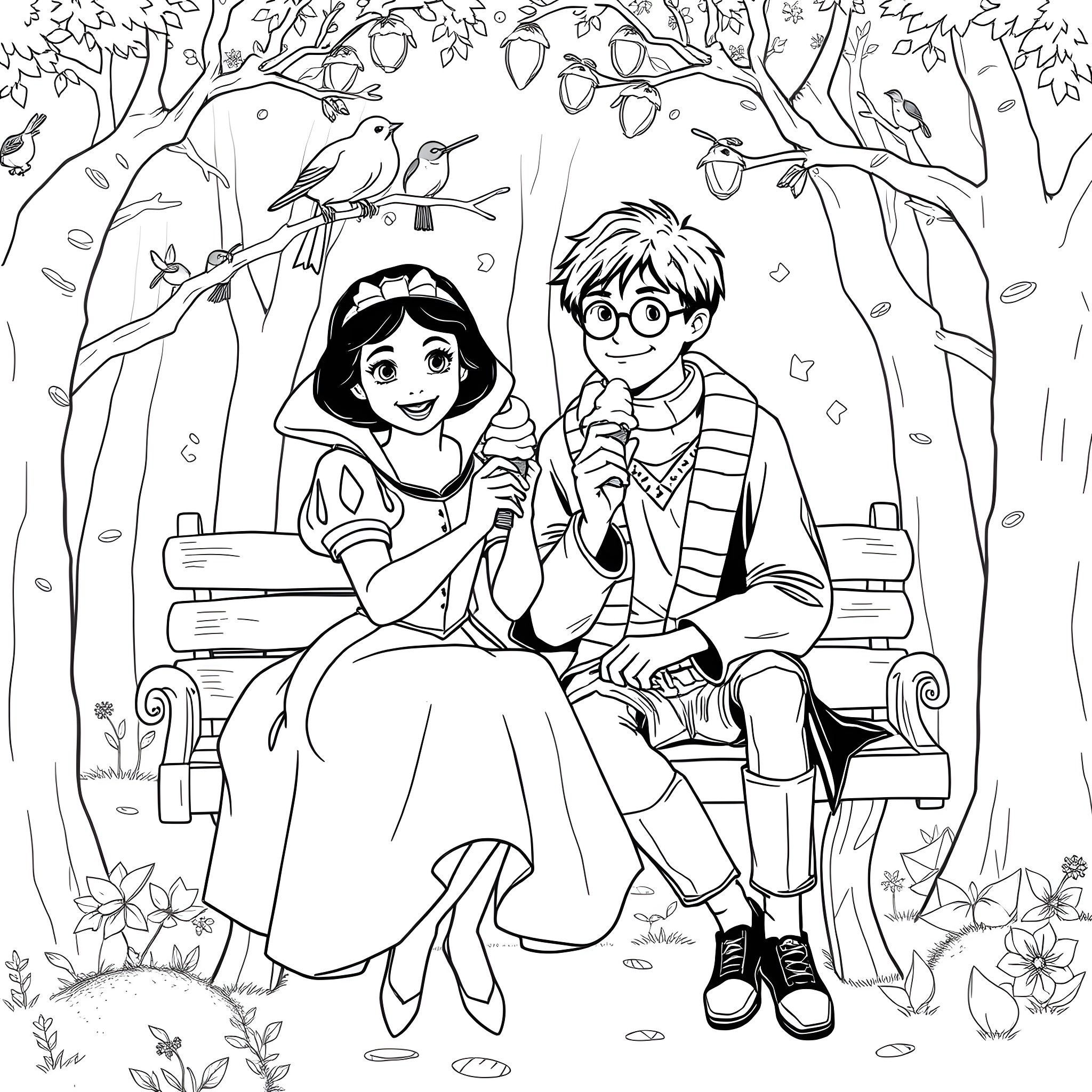 Snow White and her companion share a moment in the enchanted forest Coloring Page (free black-and-white line drawing printable PDF for all, from beginners to advanced learners, including children, teens, adults, and seniors)