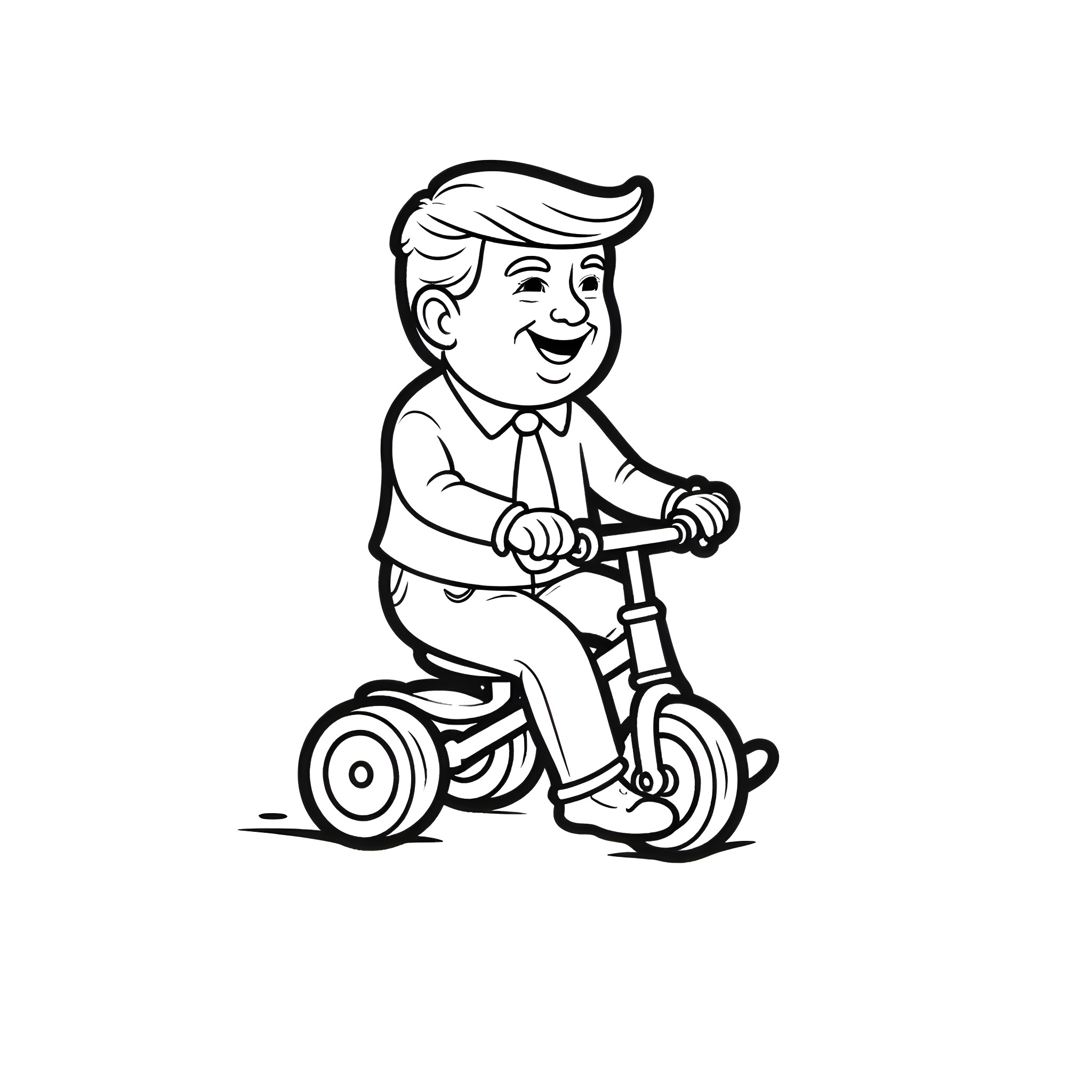 Donald Trump riding a tricycle with a happy expression Coloring Page (free black-and-white line drawing printable PDF for all, from beginners to advanced learners, including children, teens, adults, and seniors)