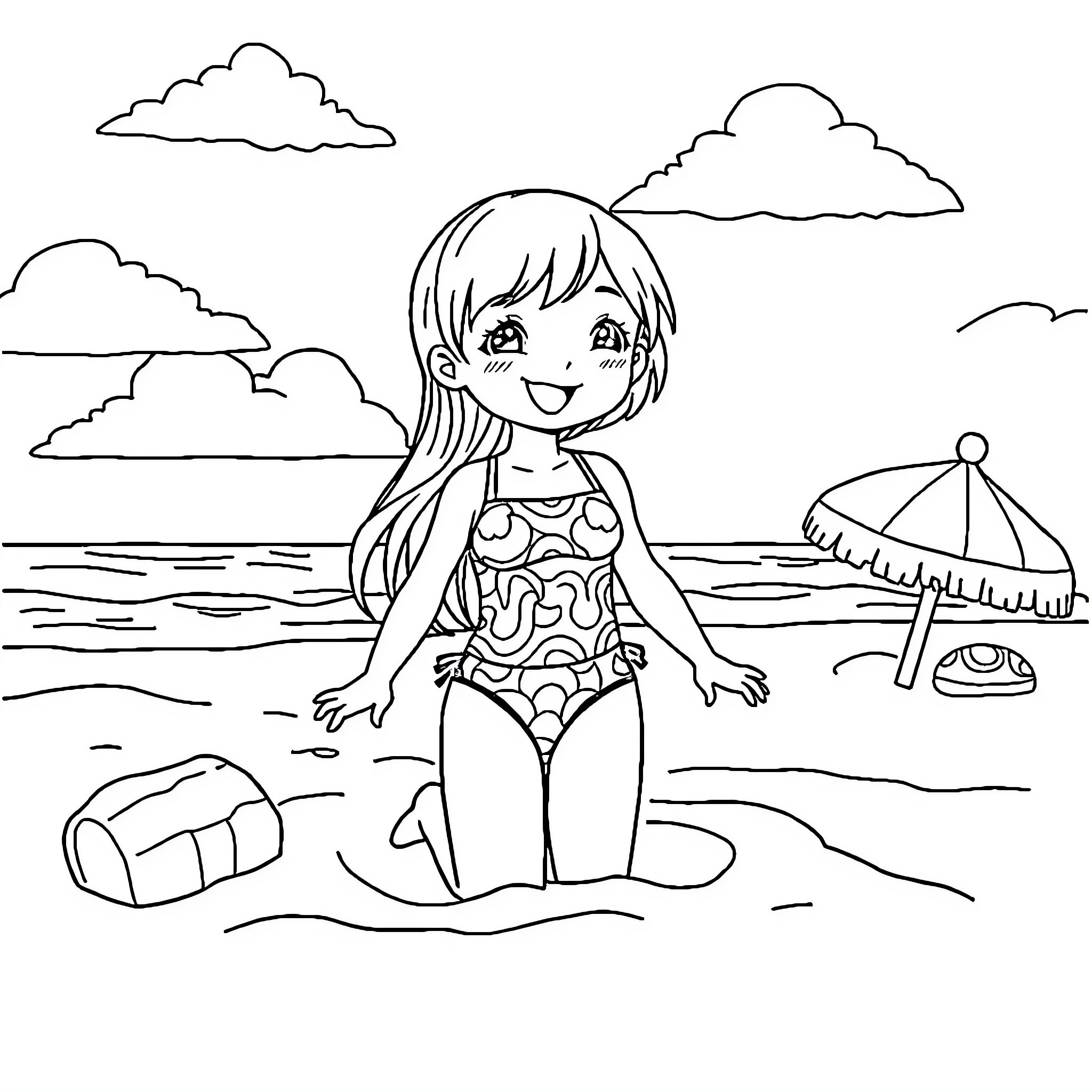 Anami enjoying sunny day at the beach Coloring Page (free black-and-white line drawing printable PDF for all, from beginners to advanced learners, including children, teens, adults, and seniors)