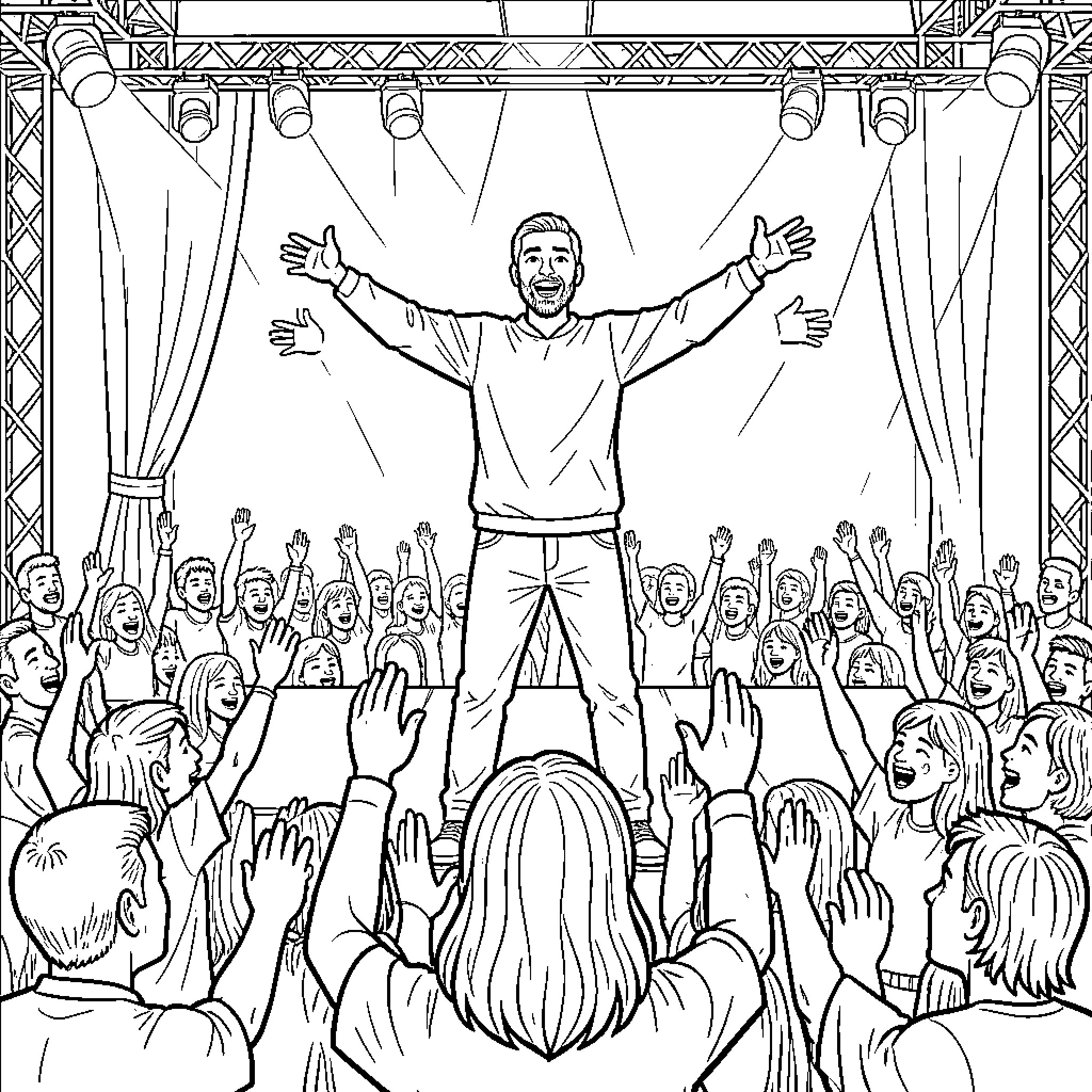 Performer engaging enthusiastically with a cheering audience Coloring Page (free black-and-white line drawing printable PDF for all, from beginners to advanced learners, including children, teens, adults, and seniors)