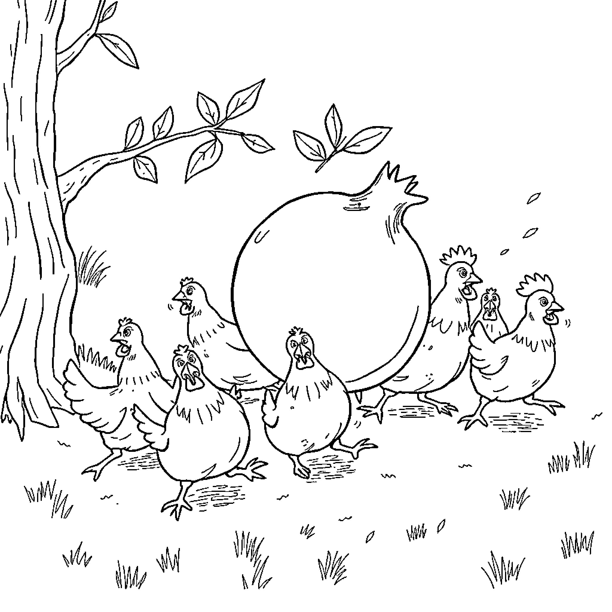 Pomegranate and Chickens in the Outdoors Coloring Page (free black-and-white line drawing printable PDF for all, from beginners to advanced learners, including children, teens, adults, and seniors)