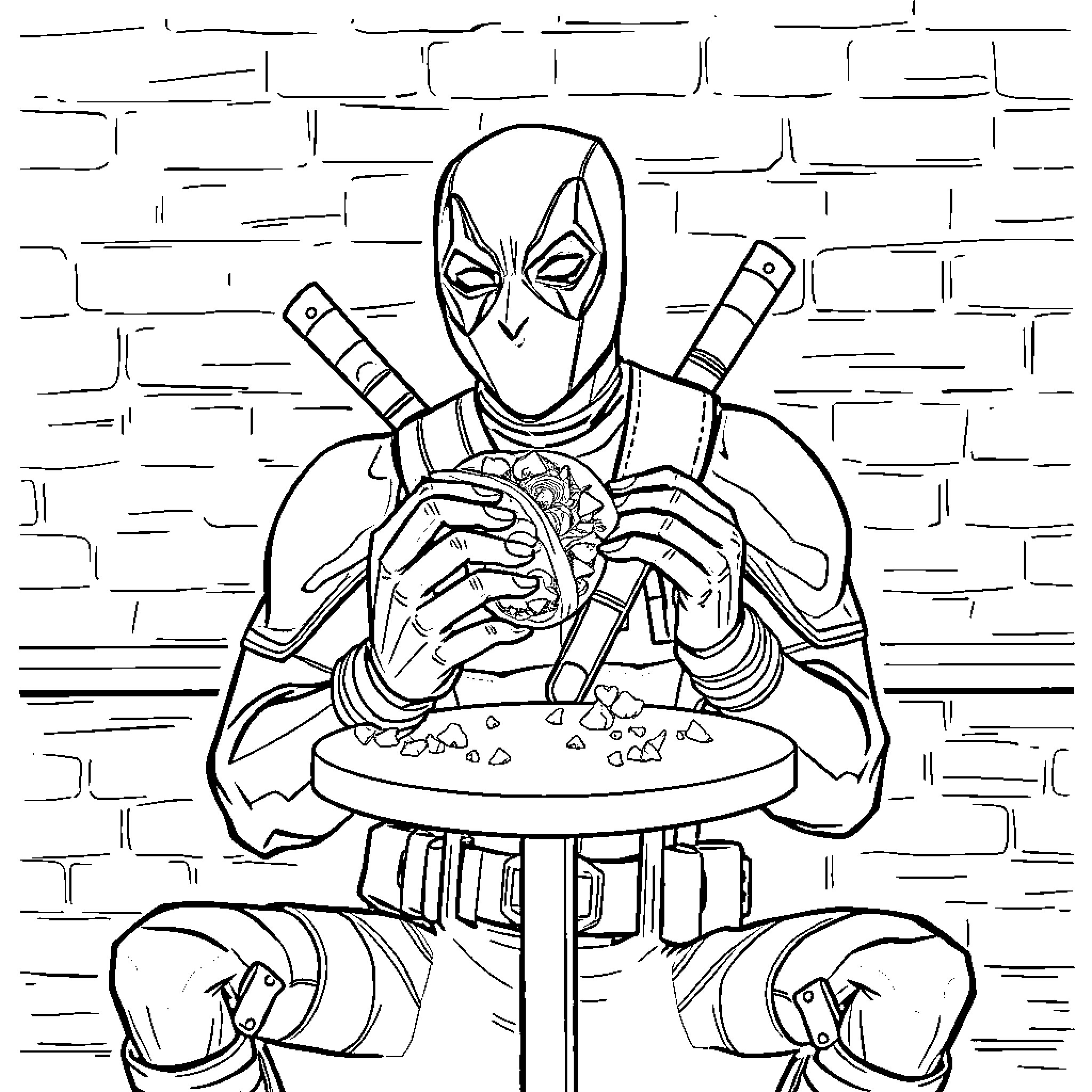 Deadpool enjoying a delicious meal in front of a brick wall Coloring Page (free black-and-white line drawing printable PDF for all, from beginners to advanced learners, including children, teens, adults, and seniors)