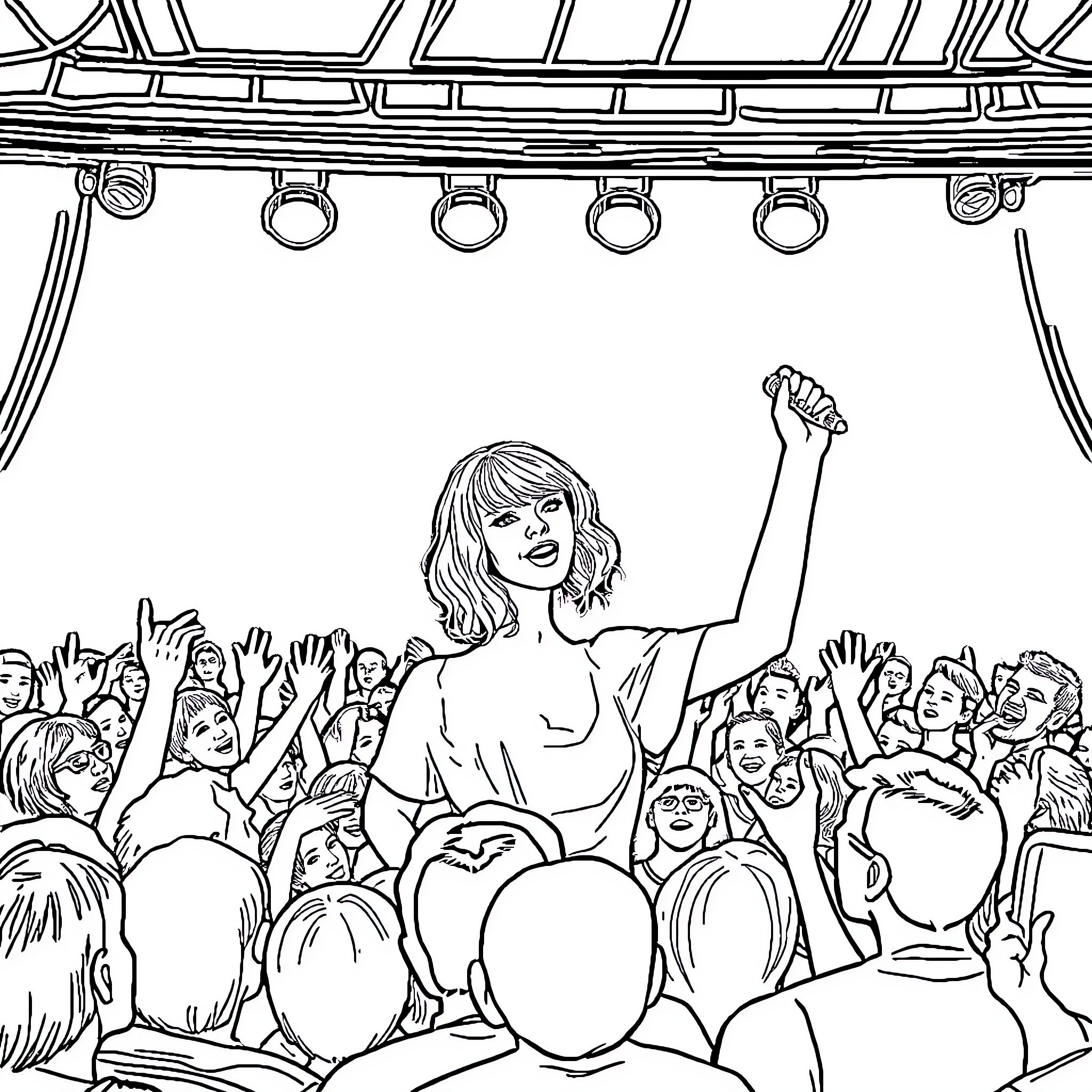 Taylor Swift performing on stage with adoring crowd Coloring Page (free black-and-white line drawing printable PDF for all, from beginners to advanced learners, including children, teens, adults, and seniors)