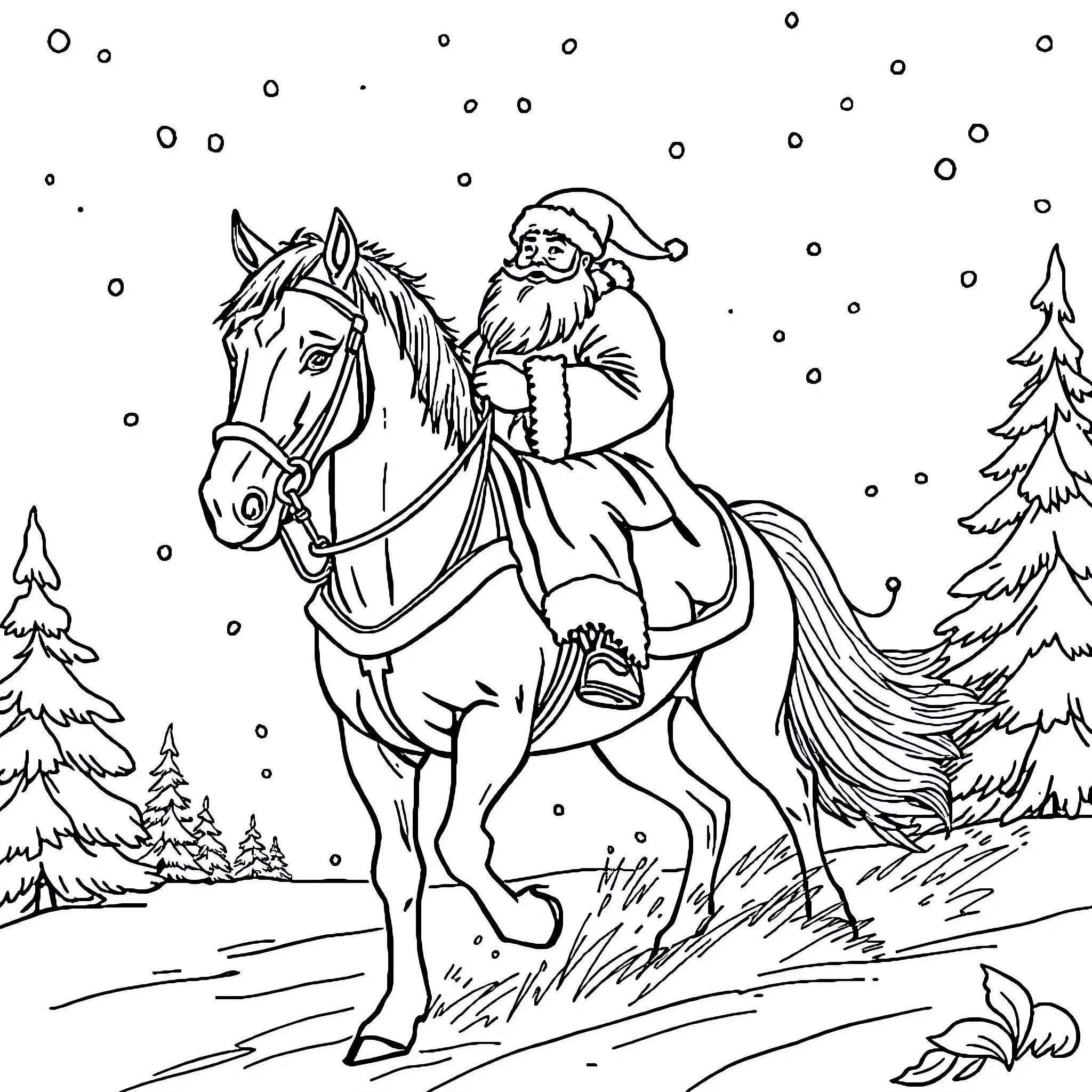 Santa Claus riding a horse through a snowy forest Coloring Page (free black-and-white line drawing printable PDF for all, from beginners to advanced learners, including children, teens, adults, and seniors)