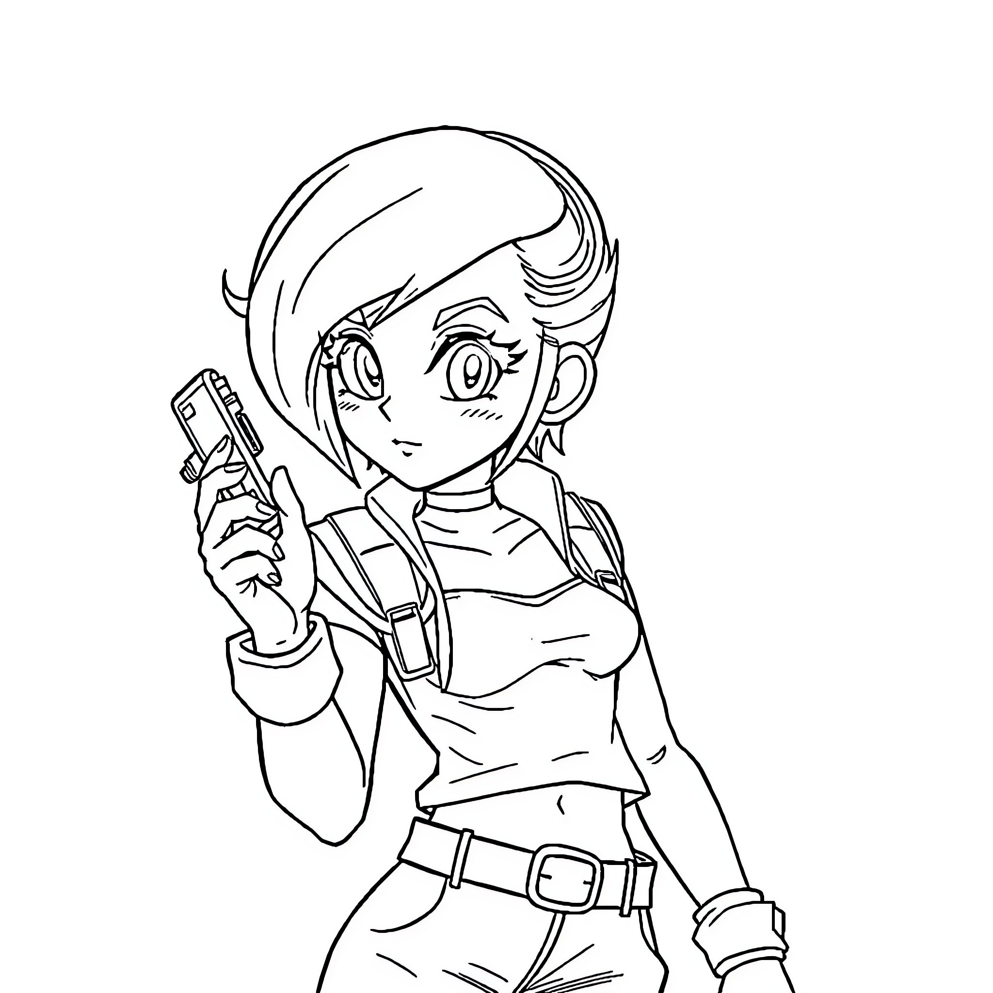 Bulma wielding a weapon with determination Coloring Page (free black-and-white line drawing printable PDF for all, from beginners to advanced learners, including children, teens, adults, and seniors)