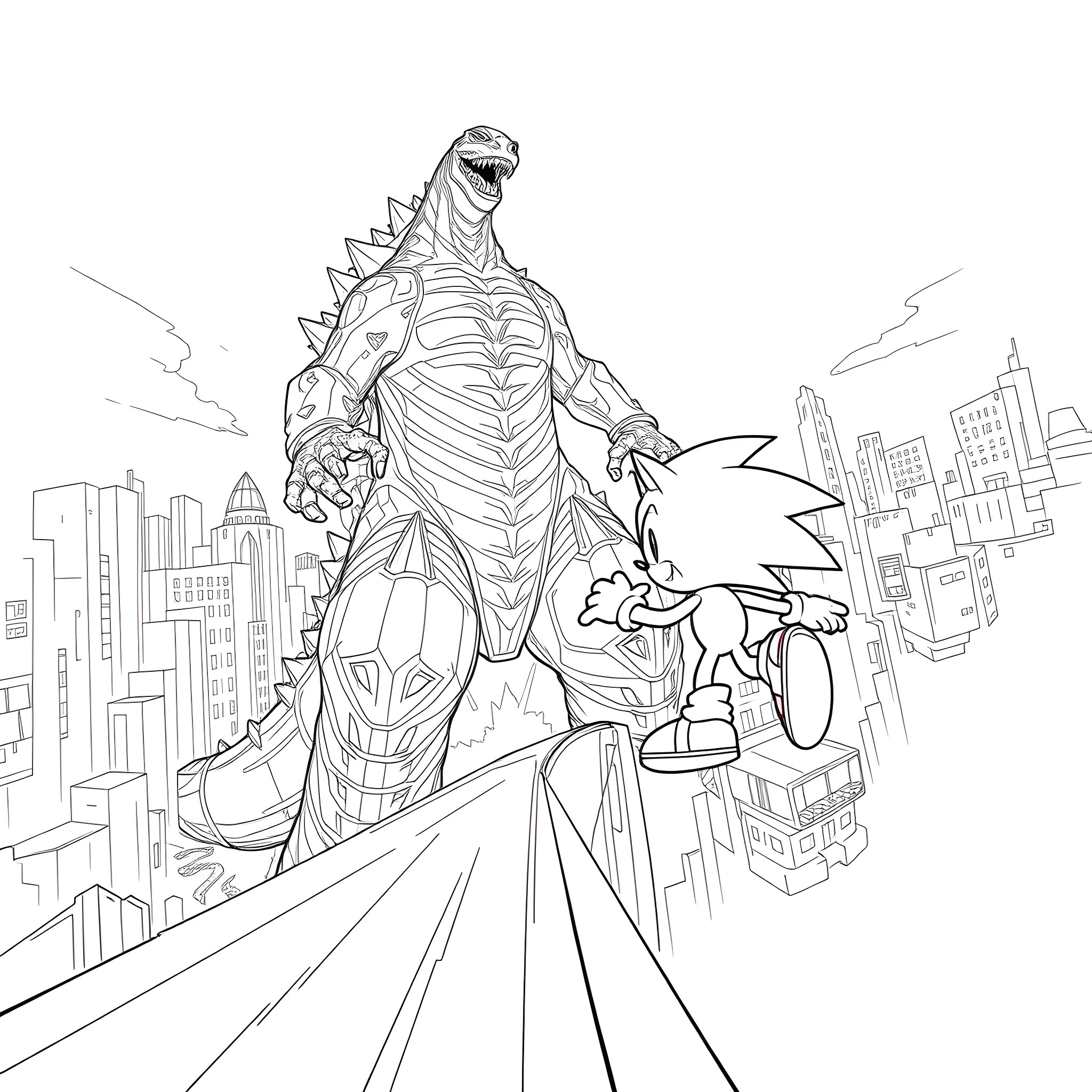 Sonic Battles Monstrous Foe in Futuristic City Coloring Page (free black-and-white line drawing printable PDF for all, from beginners to advanced learners, including children, teens, adults, and seniors)